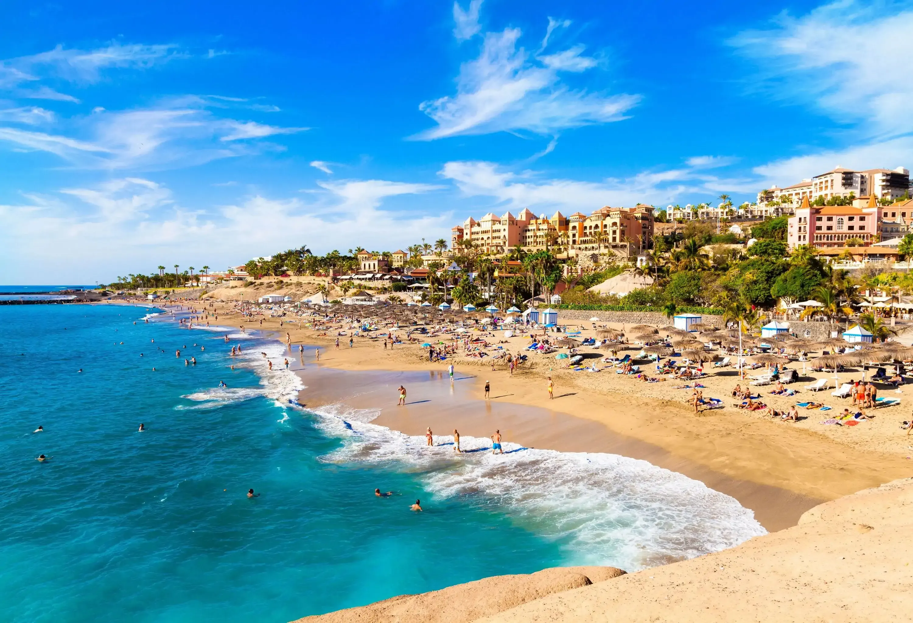 Packed beach with porta-potties, lush grass, and buildings in the background.