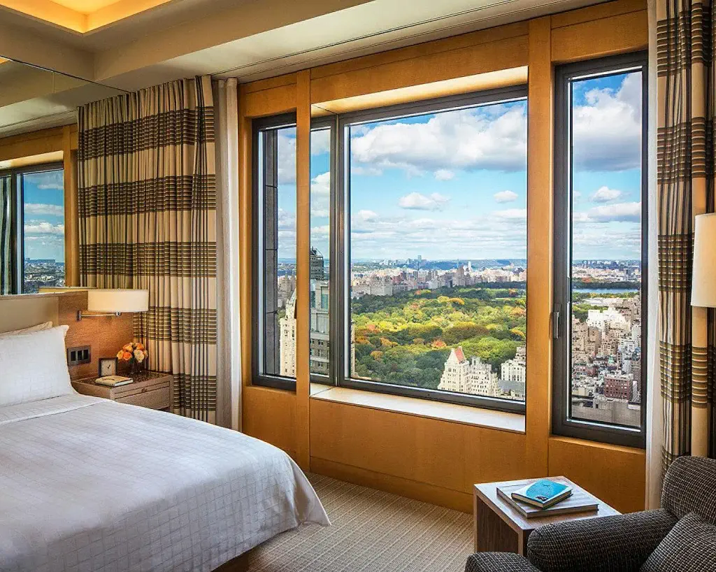 Hotel room with plush bed, elegant decor, and large windows offering a stunning view of a cityscape and lush park under a vibrant blue sky. 