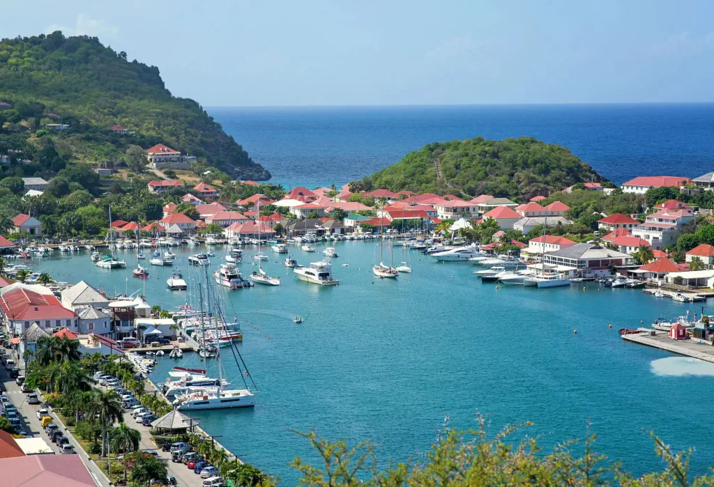 A charming harbour nestled within a picturesque inlet, embraced by a coastal town and lush, verdant hills