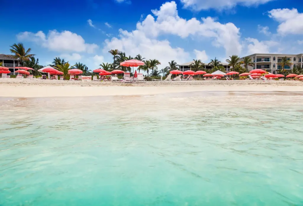 A tranquil beach with clear water and a white sand shore lined with sunloungers, pink parasols and tall palm trees under the cloudy blue sky.