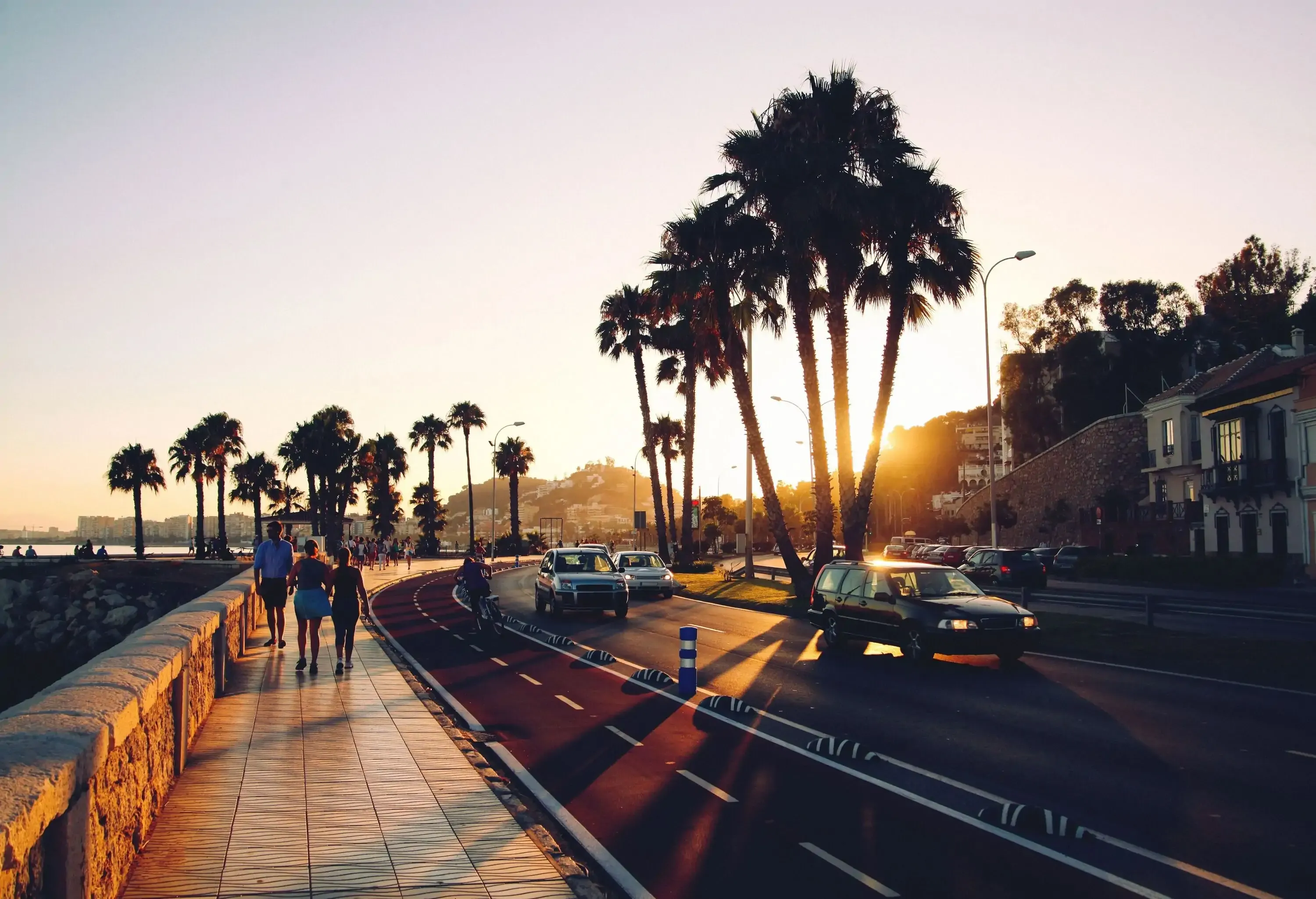 People walk on the sidewalk of a busy street with the sun peeking through the trees.