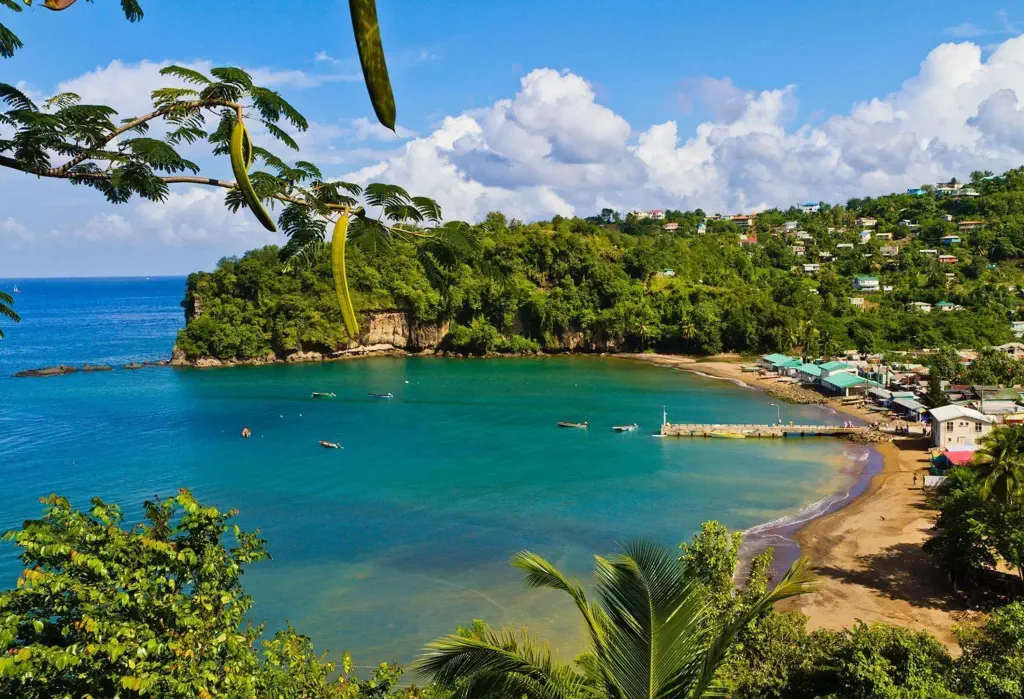 A small pier extends from a seaside village surrounded by lush forested mountains to the sea.