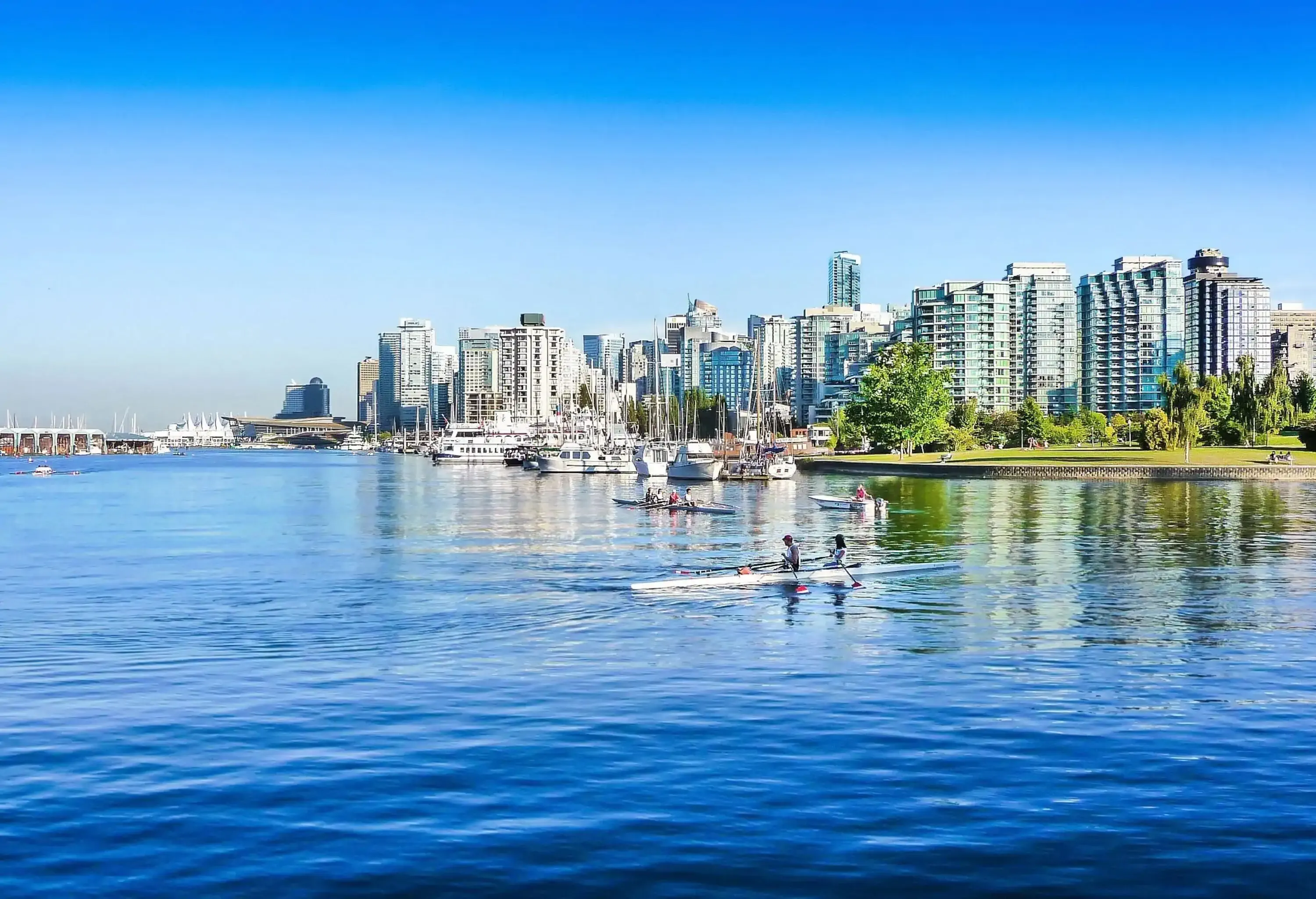 Tourists on paddle boats on the harbour along the city skyline.