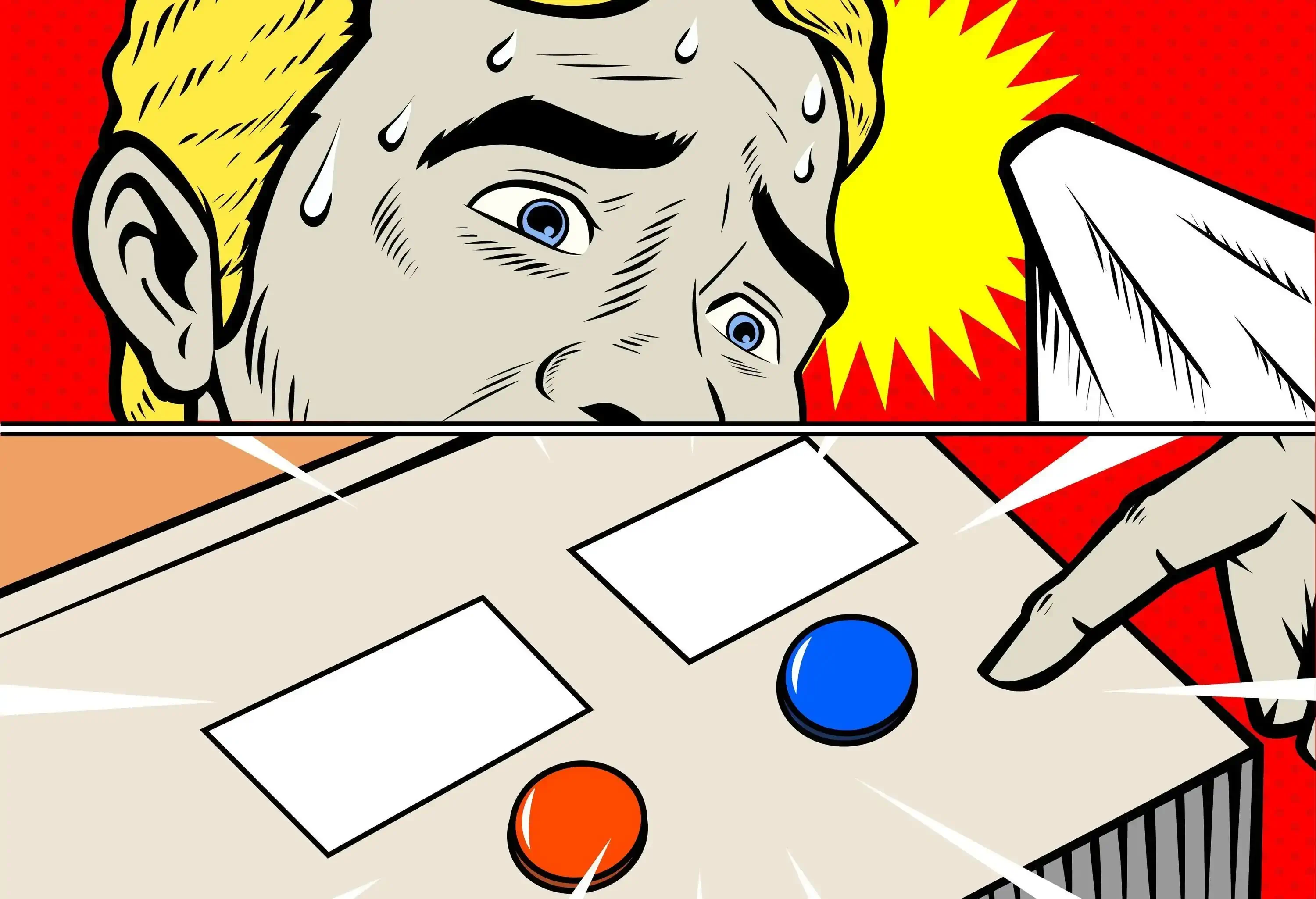 A retro pop art style vector illustration of a panicked man in dilemma choosing a button. Perfect as a meme. Easy to edit, put your text on the box available.