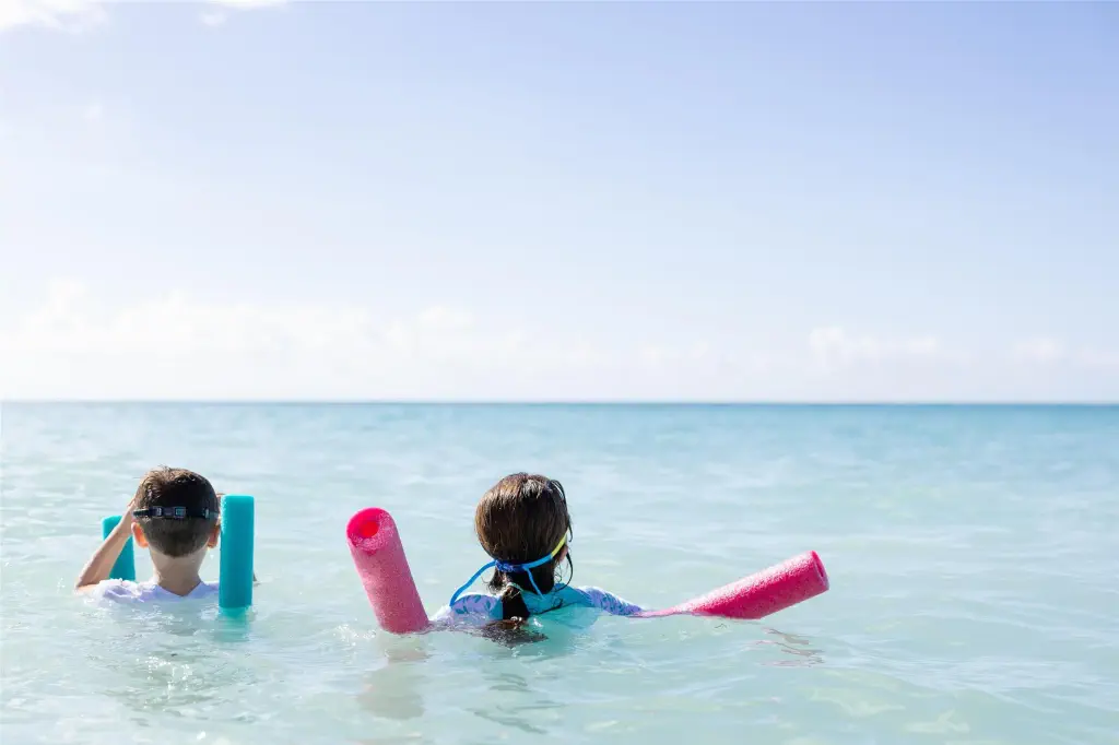 Two children in the ocean with pool noodles, facing away, under a clear blue sky. They wear snorkels, conveying a joyful, carefree beach day.
