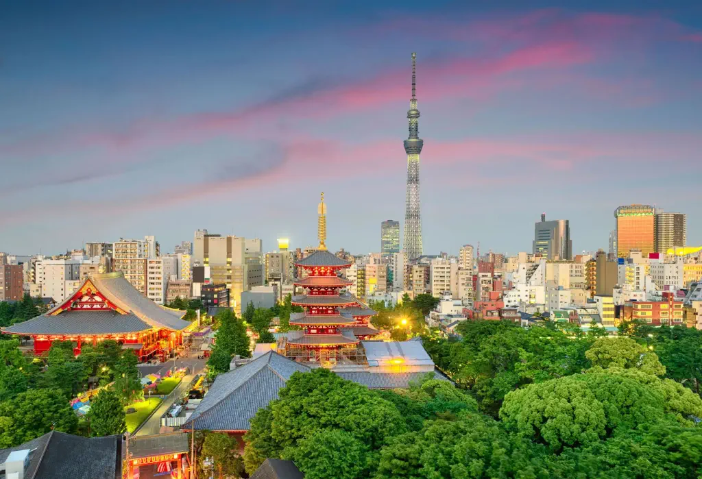 A city skyline, elegantly framed by a lush canopy of trees, offers a stunning view of the Tokyo Skytree soaring high above.