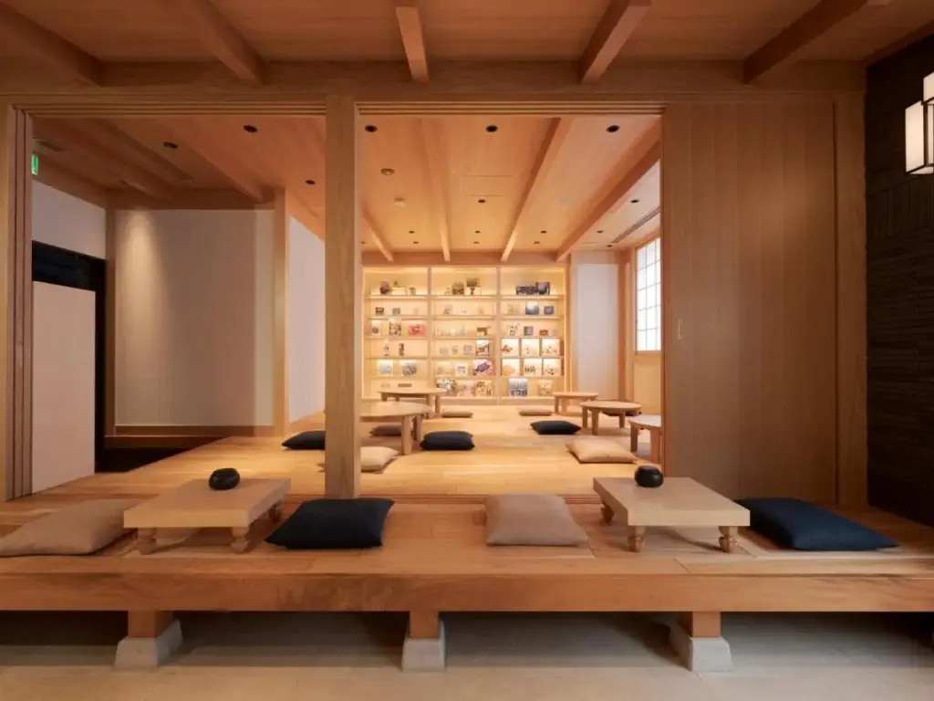 Restaurant of japanese hotel with wooden structures