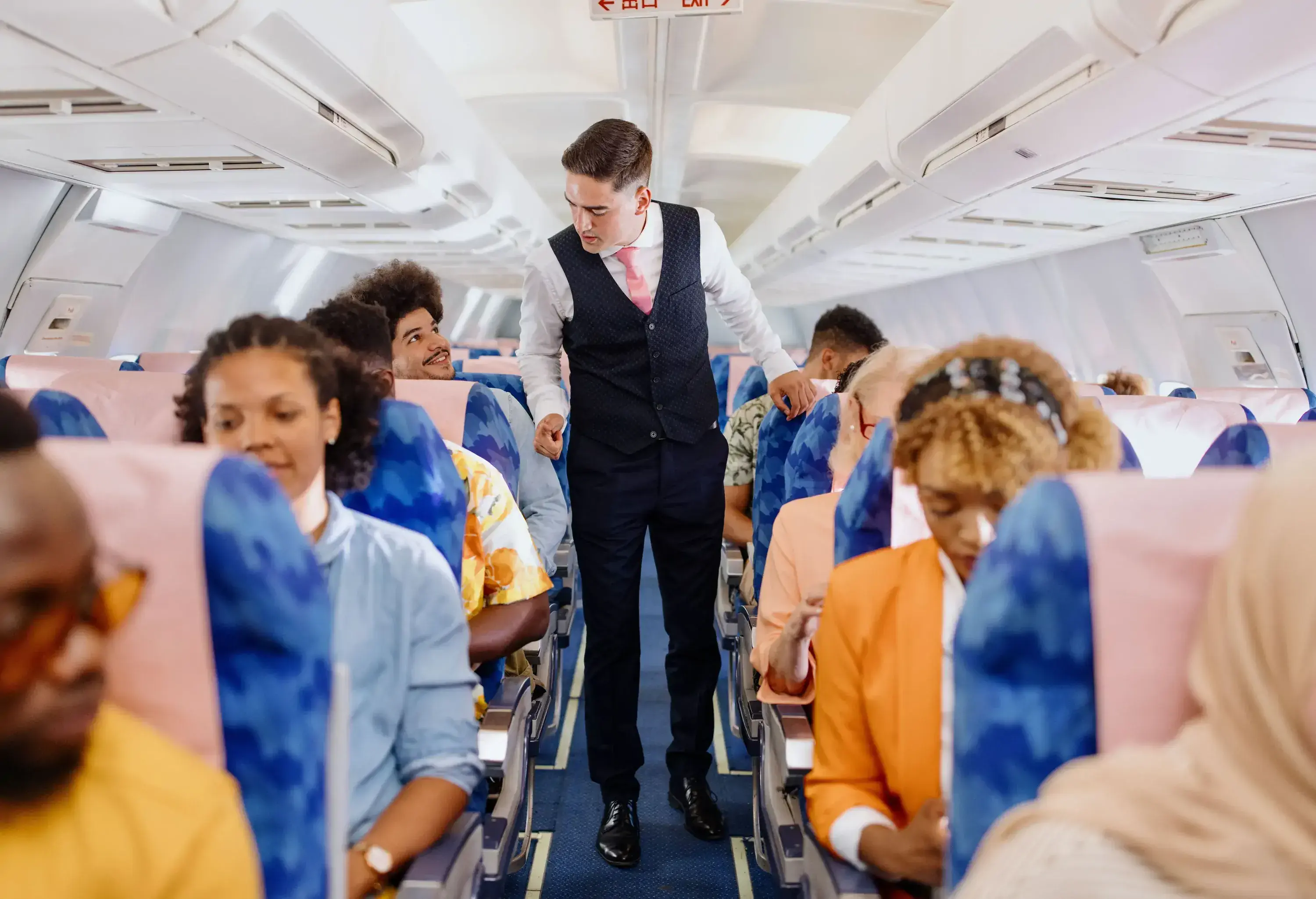 Male flight attendant checking on the passengers before take off