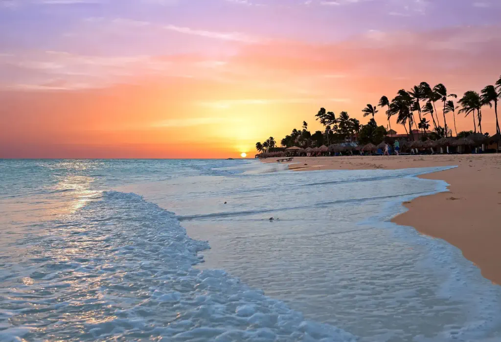 A wavy beach with a sandy shore lined with tall green trees against the scenic sunset sky.