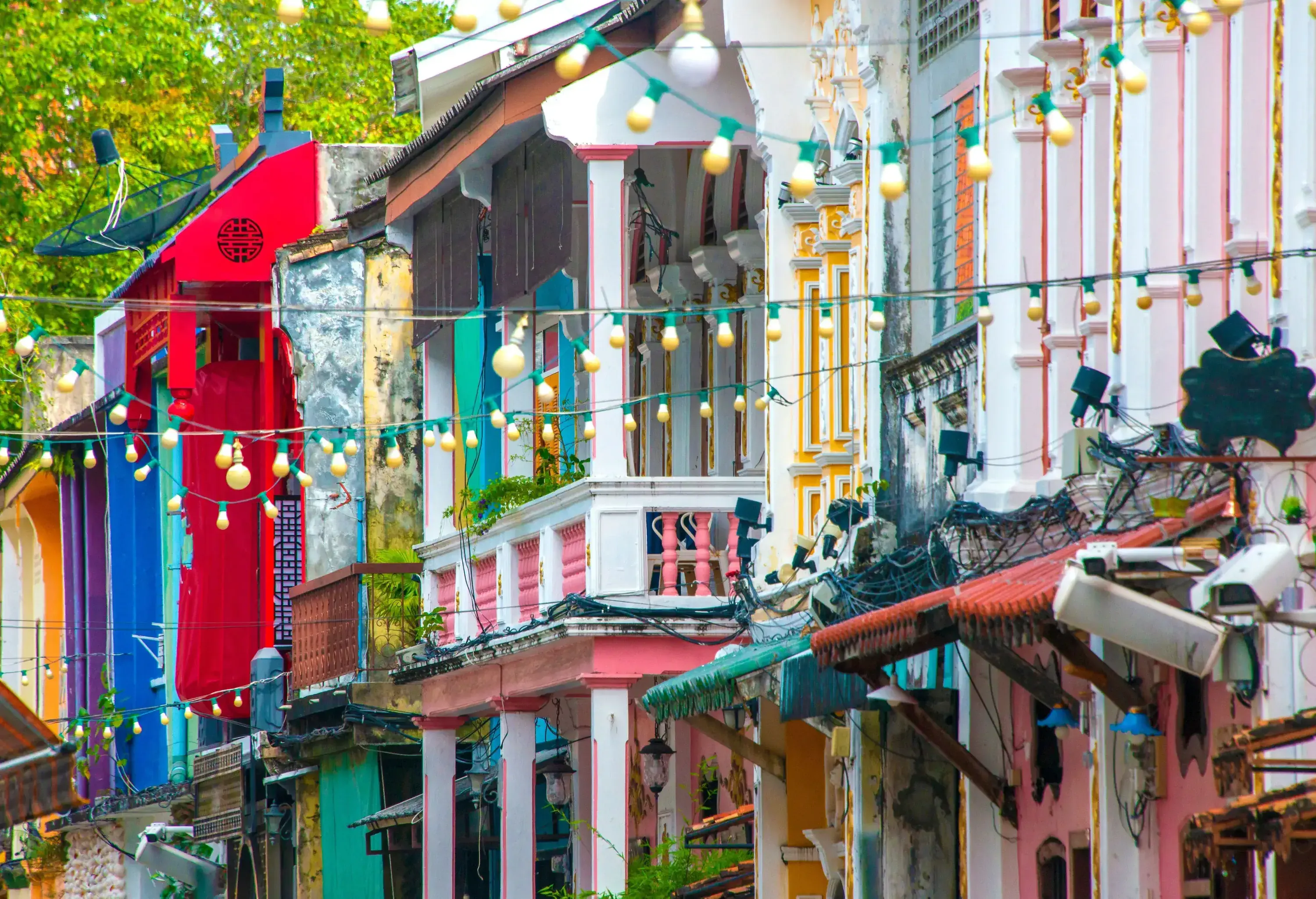 Close up of a row of colourful houses