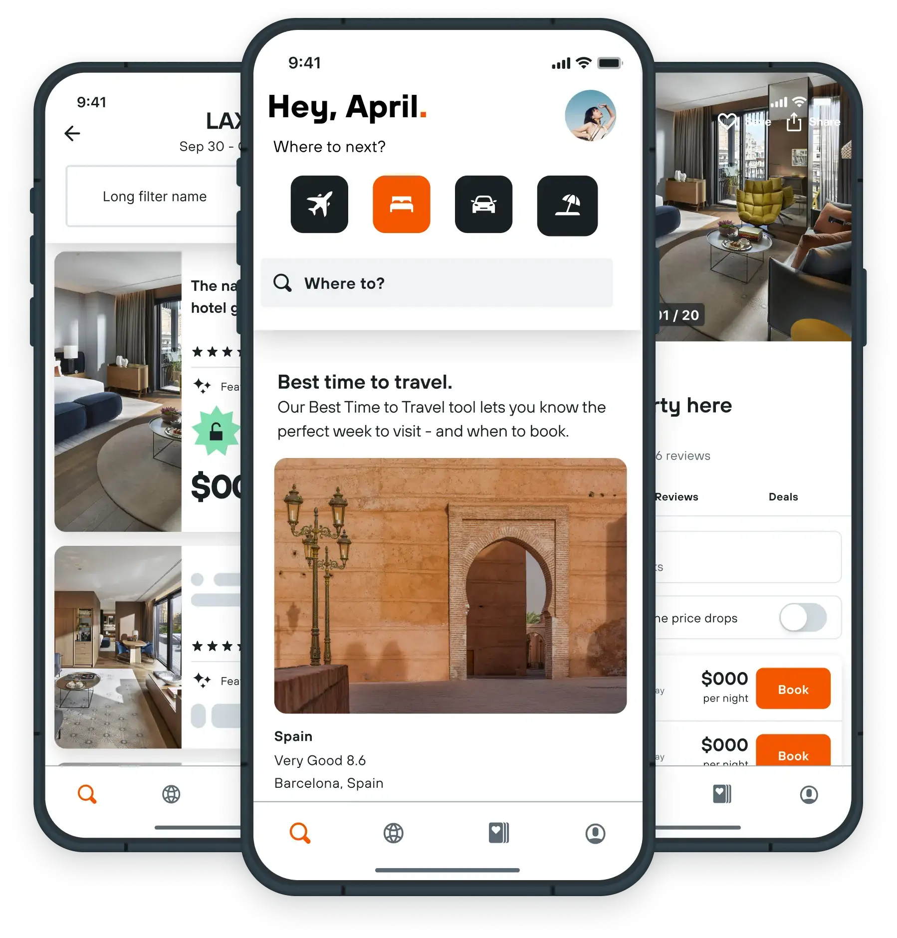 Design showing the hotel search tool on KAYAK app.