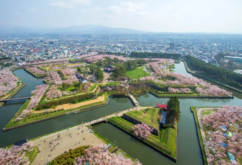 Aerial view of a unique star-shaped fort turned into a public park with beautiful cherry blossom trees in its moats.