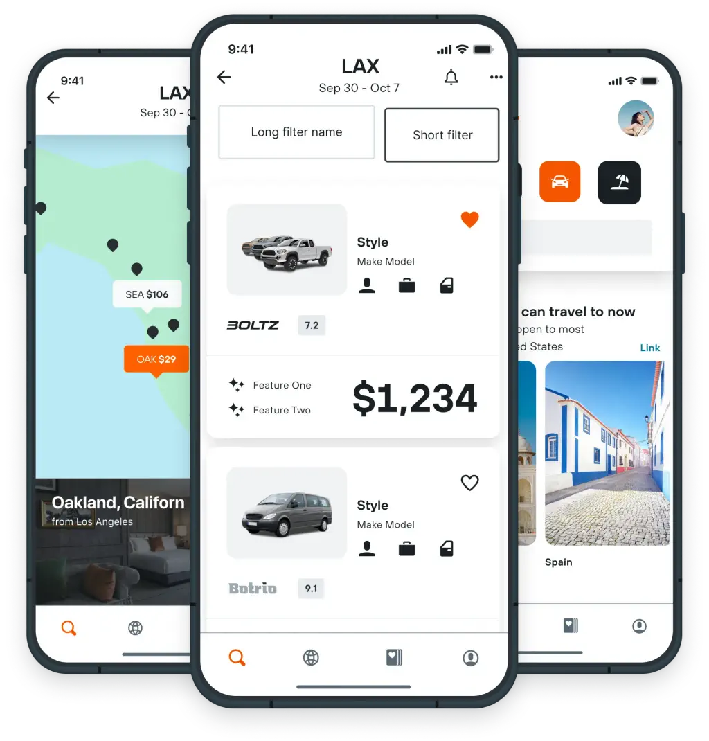 Design showing the car rental search tool on KAYAK app.