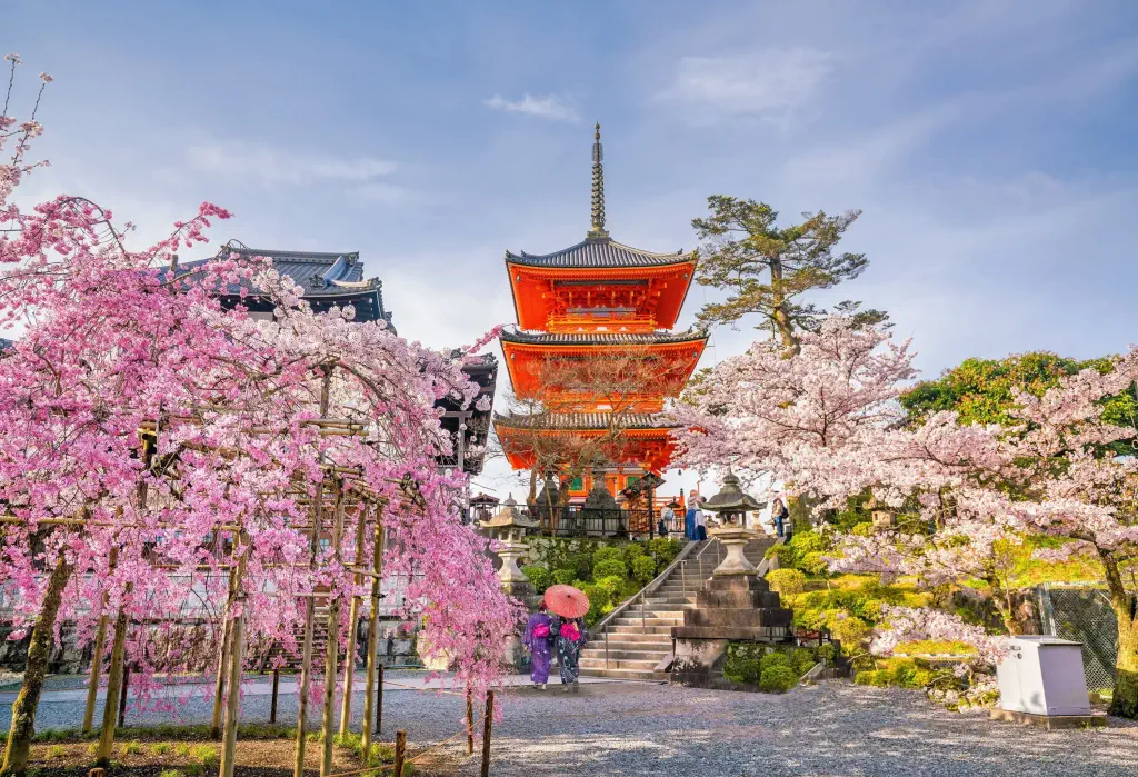 A three-tier Japanese pagoda-like temple with a bright orange facade perched atop a hill surrounded by beautiful cherry blossoms.