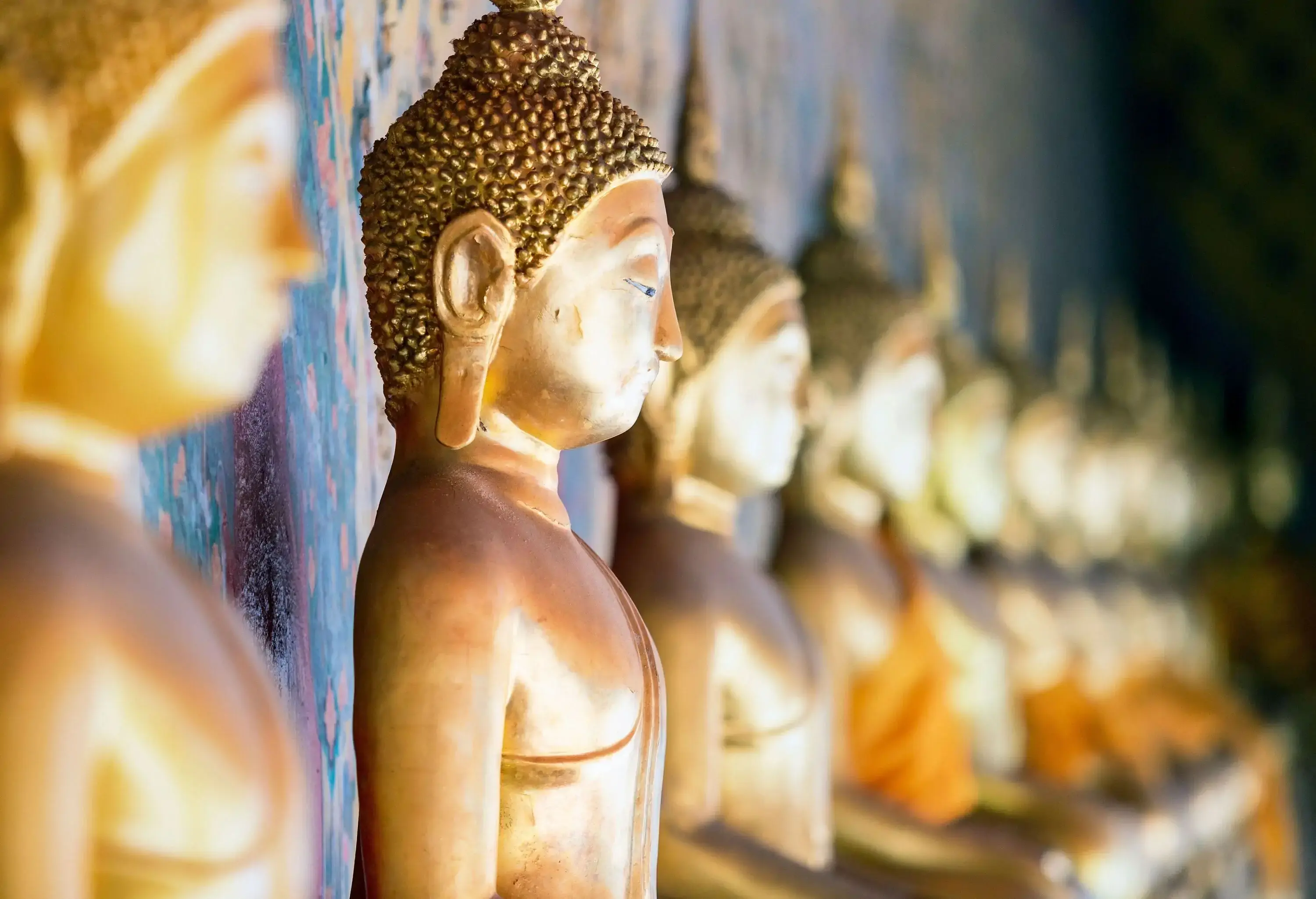 A line of golden Buddha statues sitting with their backs on the wall.