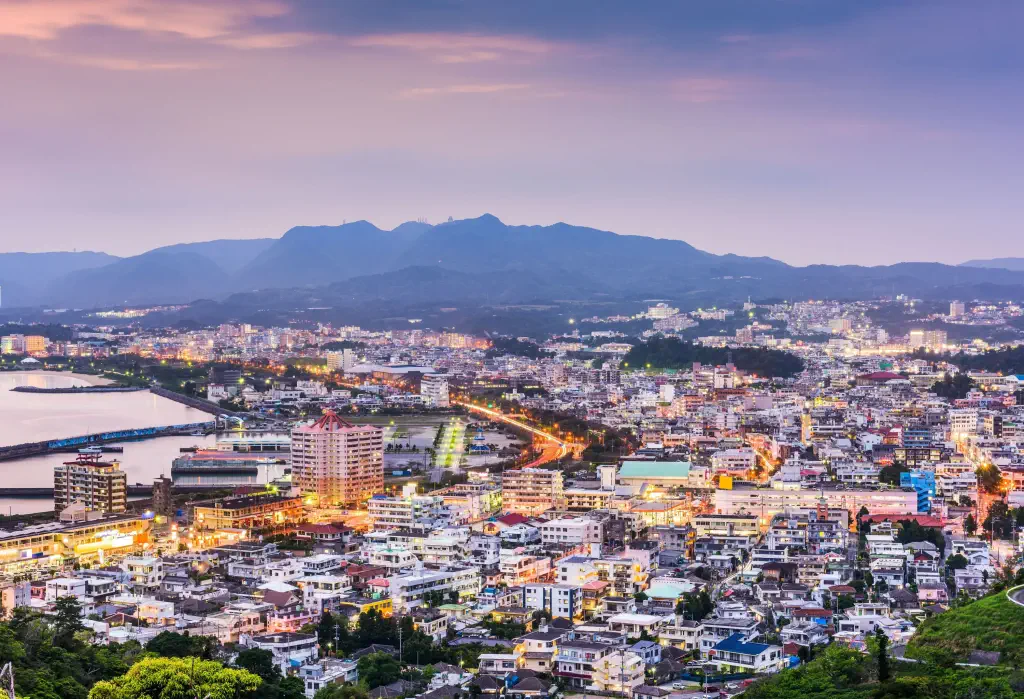 As dusk settles, a captivating cityscape comes alive with illuminated streets, while a majestic mountain range fades into the distance.