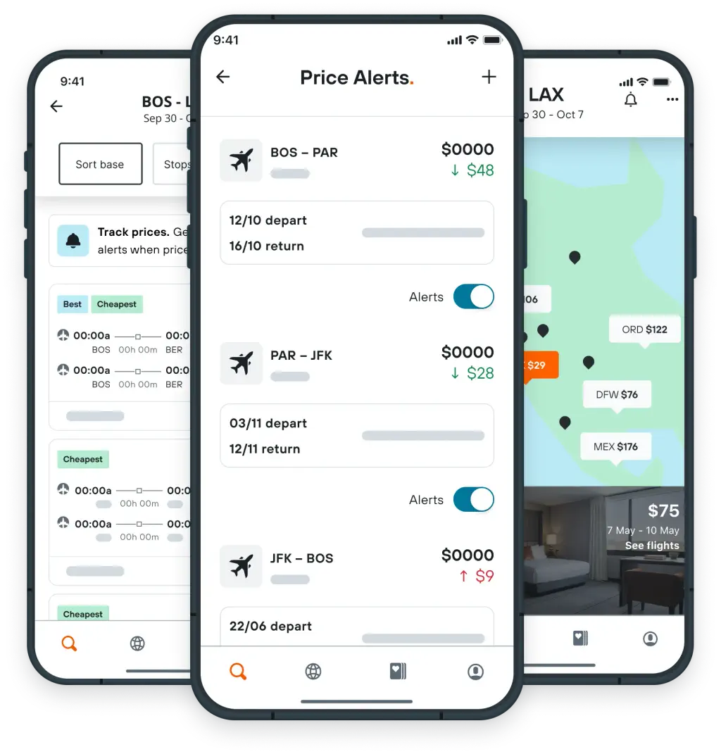 Design showing the flight price alert tool on KAYAK app.