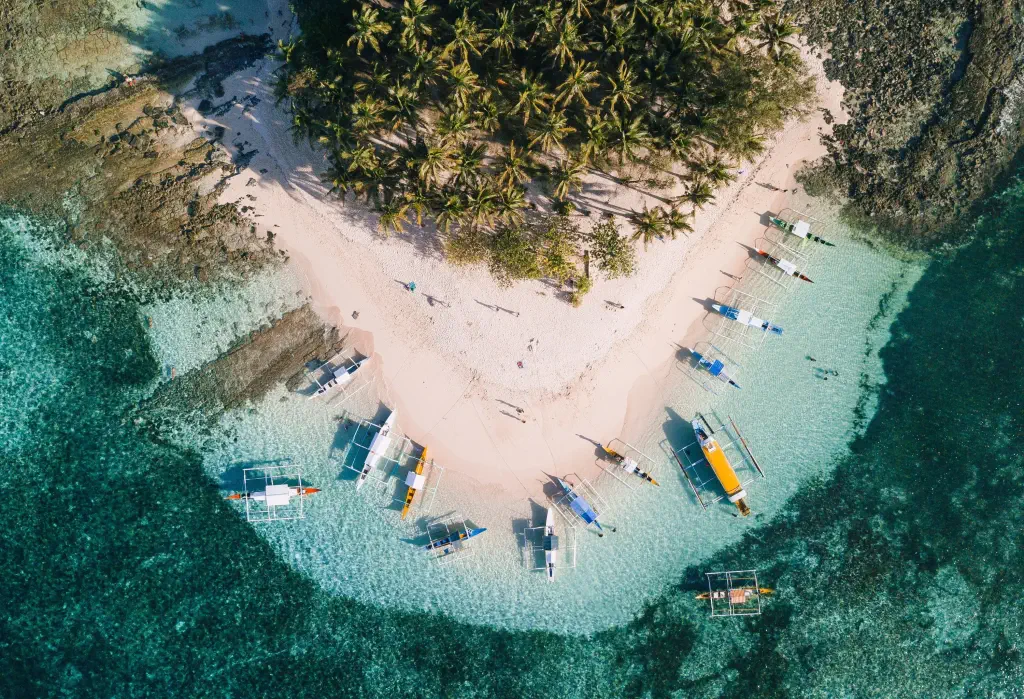 Pristine white beach along a grove of palm trees with tour boats floating on crystal-clear waters.