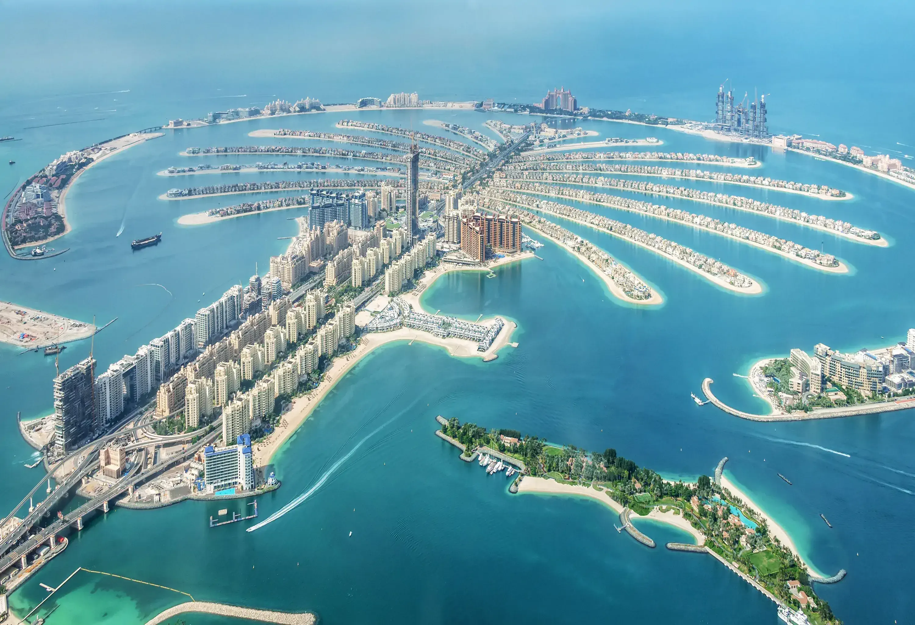 A man-made island shaped like a palm tree with residential houses, hotels, resorts, business establishments, and waterparks.