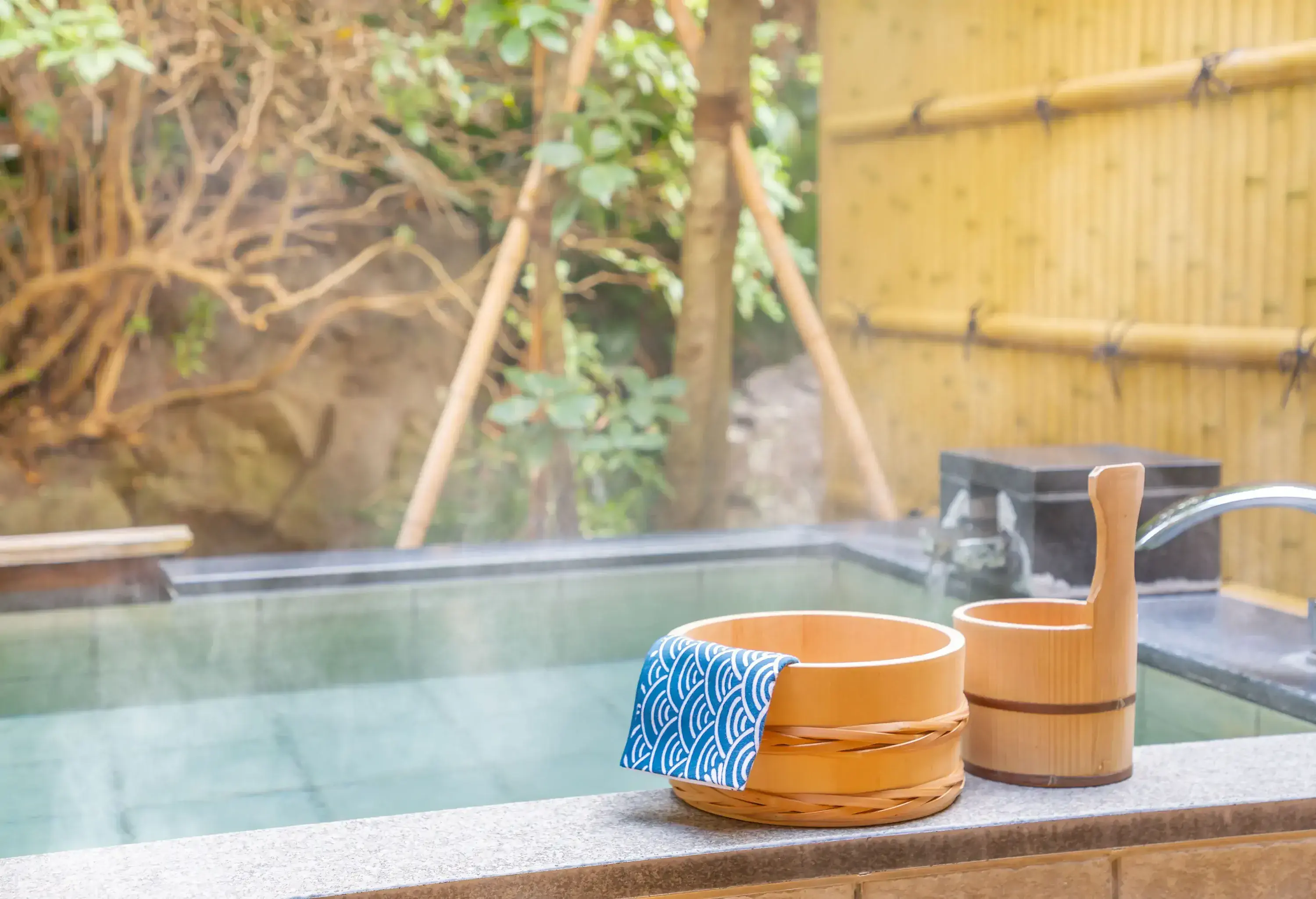 An inviting outdoor spa, where gentle steam rises from the water's surface and wooden tubs line the edge.
