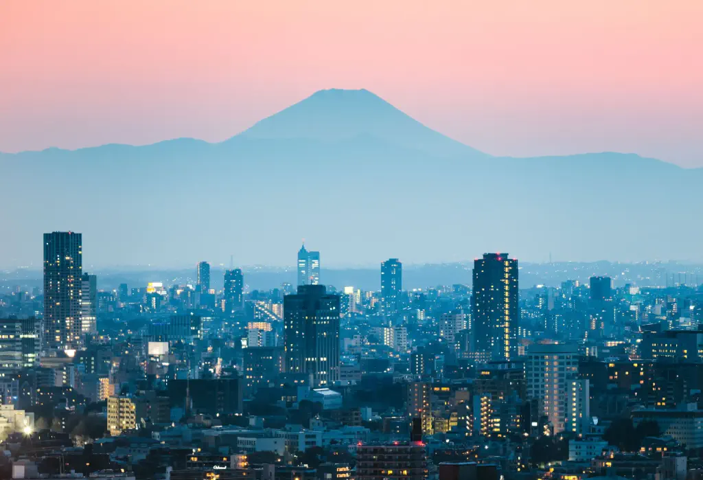 The iconic Mount Fuji is in the backdrop against the lit cityscape.