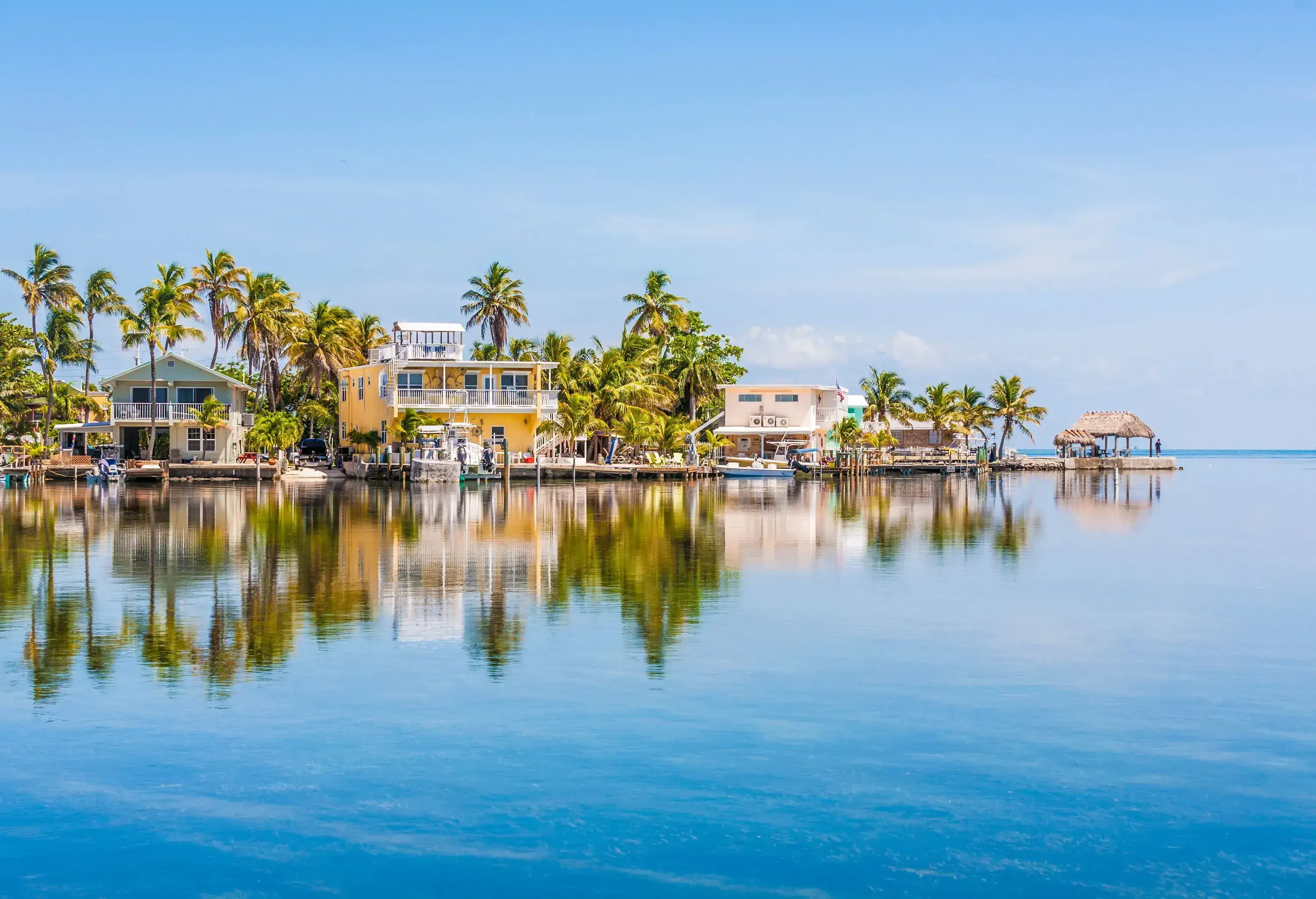 Waterfront houses concealed in the lush palm trees on the shore along the tranquil turquoise sea.