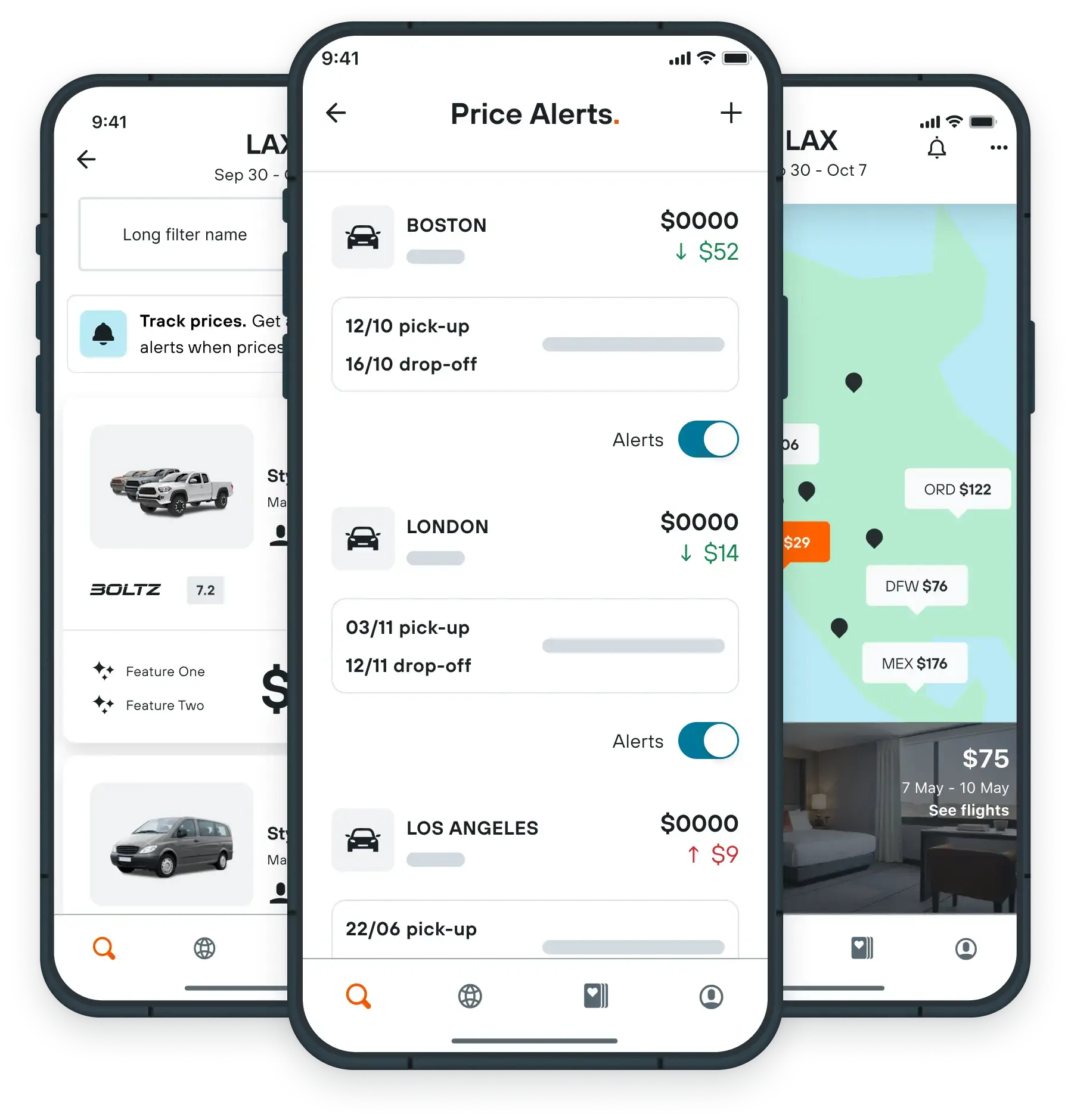 Design showing the car price alert tool on KAYAK app.