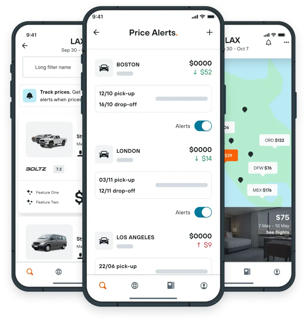 Design showing the car price alert tool on KAYAK app.