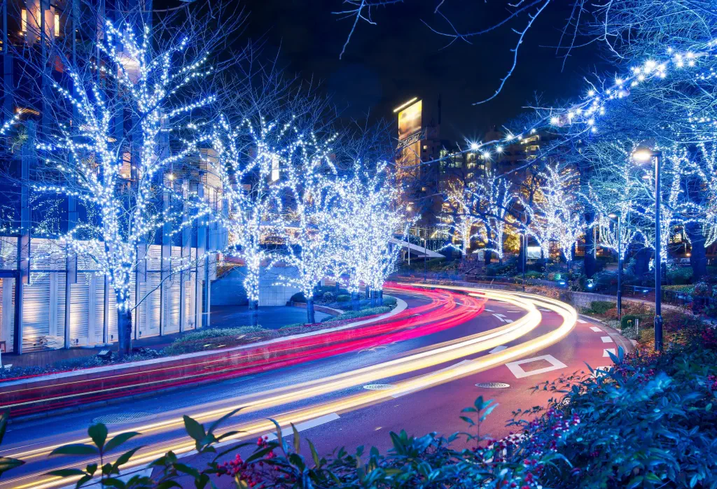 A road curve with red and yellow light trails lined with sparkling trees.