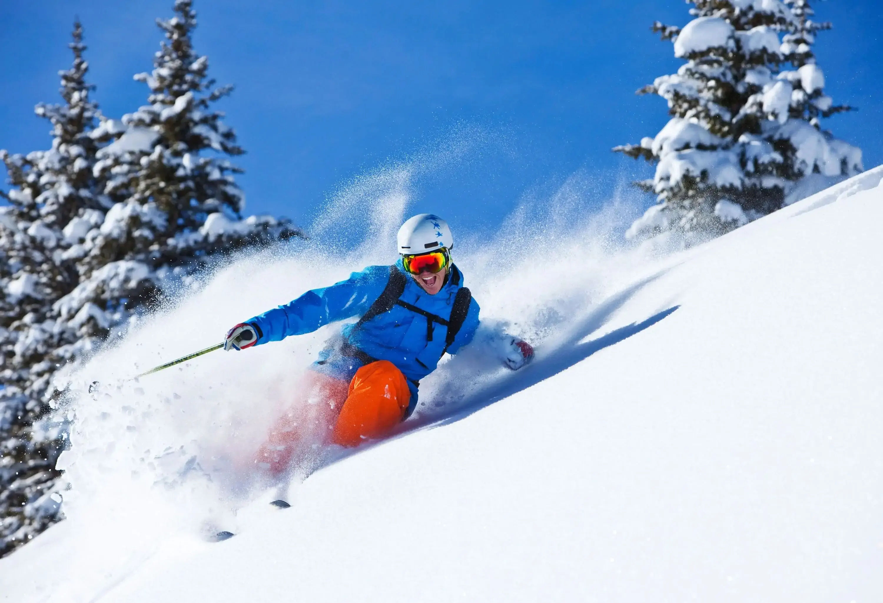 A person in blue winter jacket and white helmet is powder skiing on a snowy slope with frosted trees.