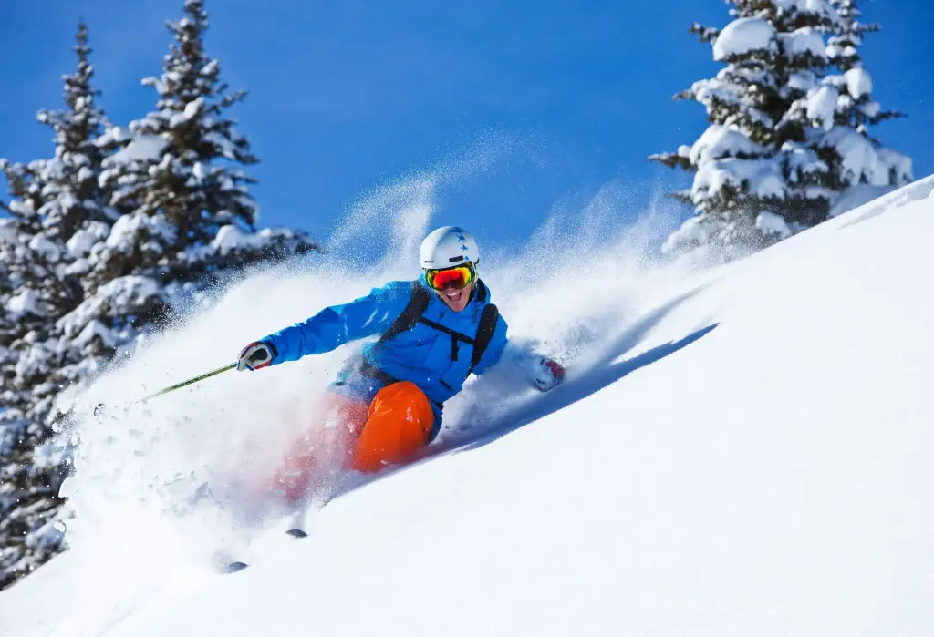 A person in blue winter jacket and white helmet is powder skiing on a snowy slope with frosted trees.