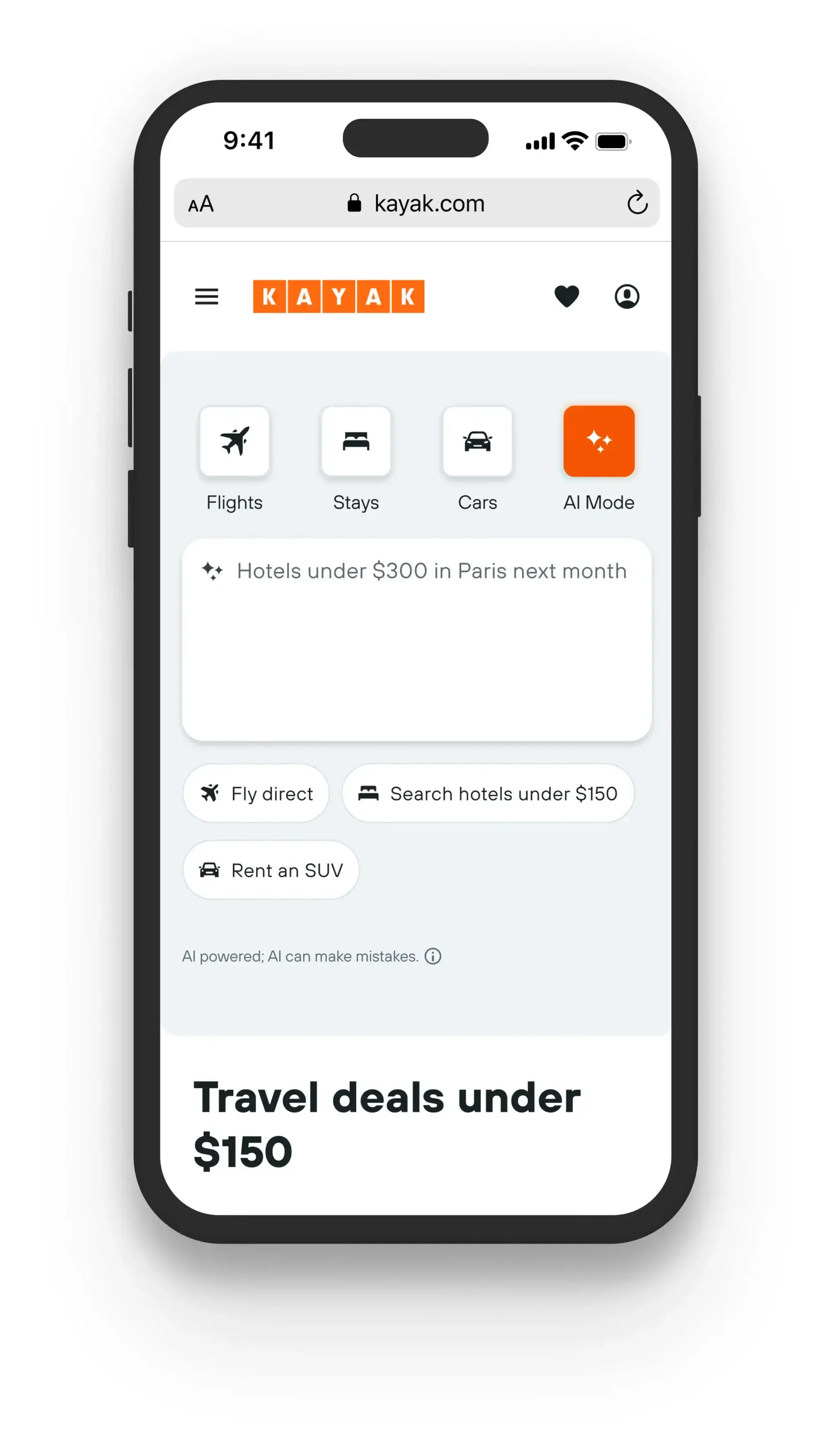 KAYAK AI mode on iPhone 14