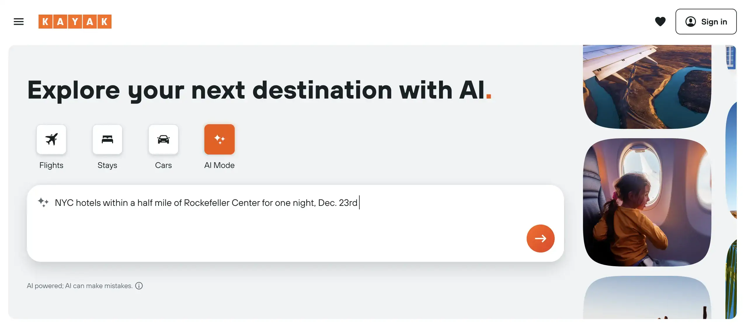 KAYAK AI Mode on desktop