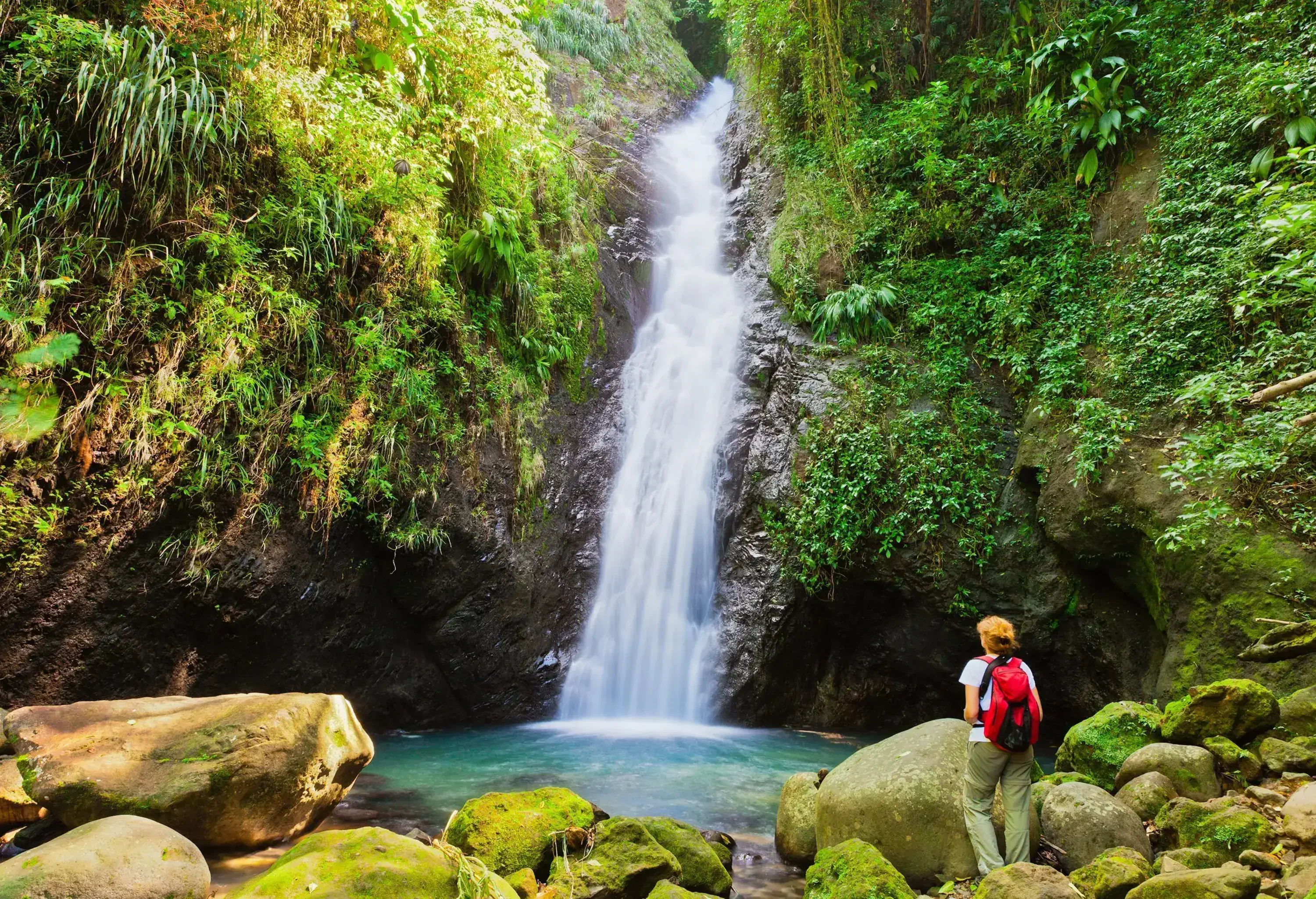 A lady hiker stands on the rock boulders surrounding the stream while watching the waterfalls gush on the narrow cliff of lush foliage.