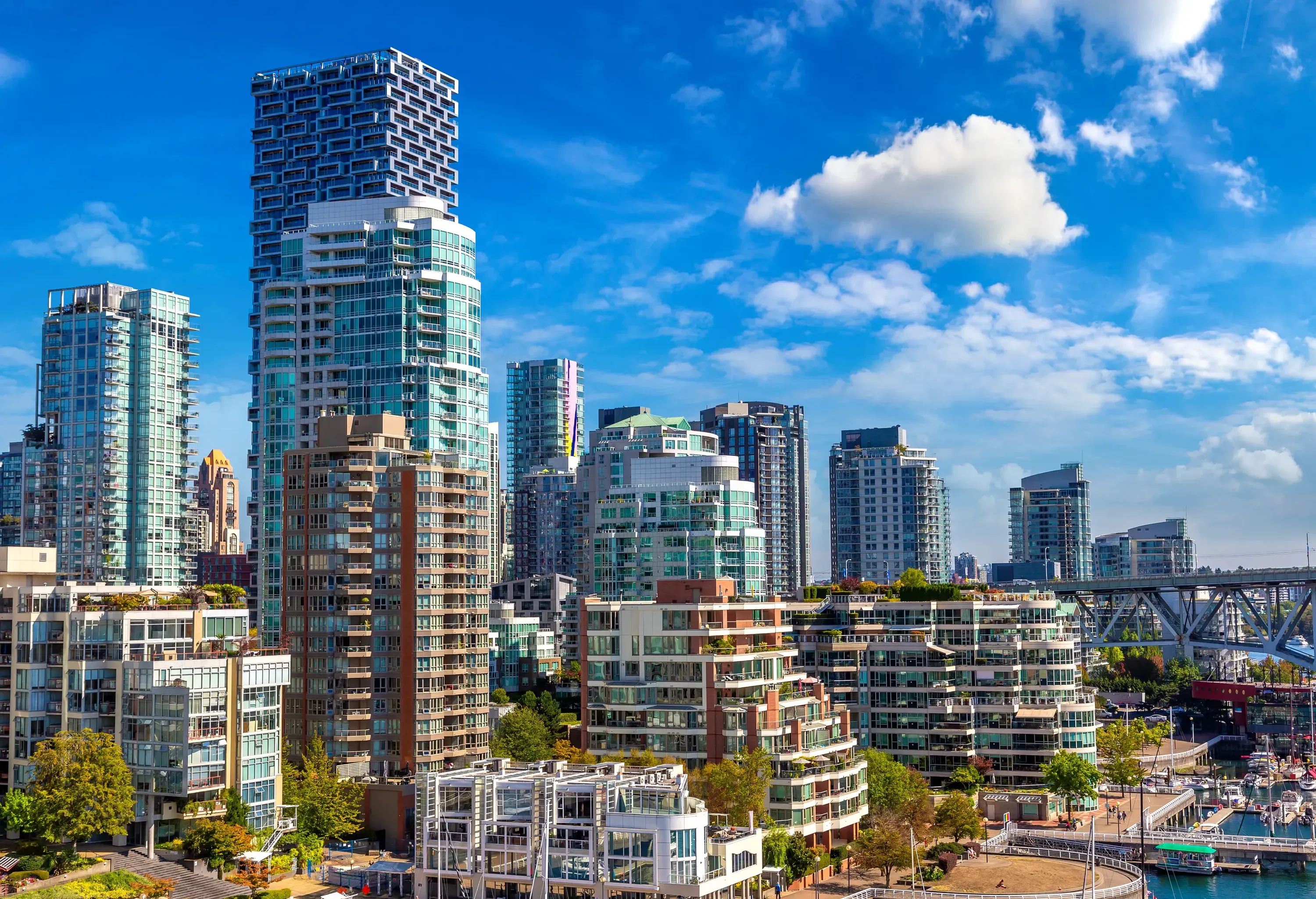 Panoramic aerial view of False creek in Vancouver in a sunny day, Canada