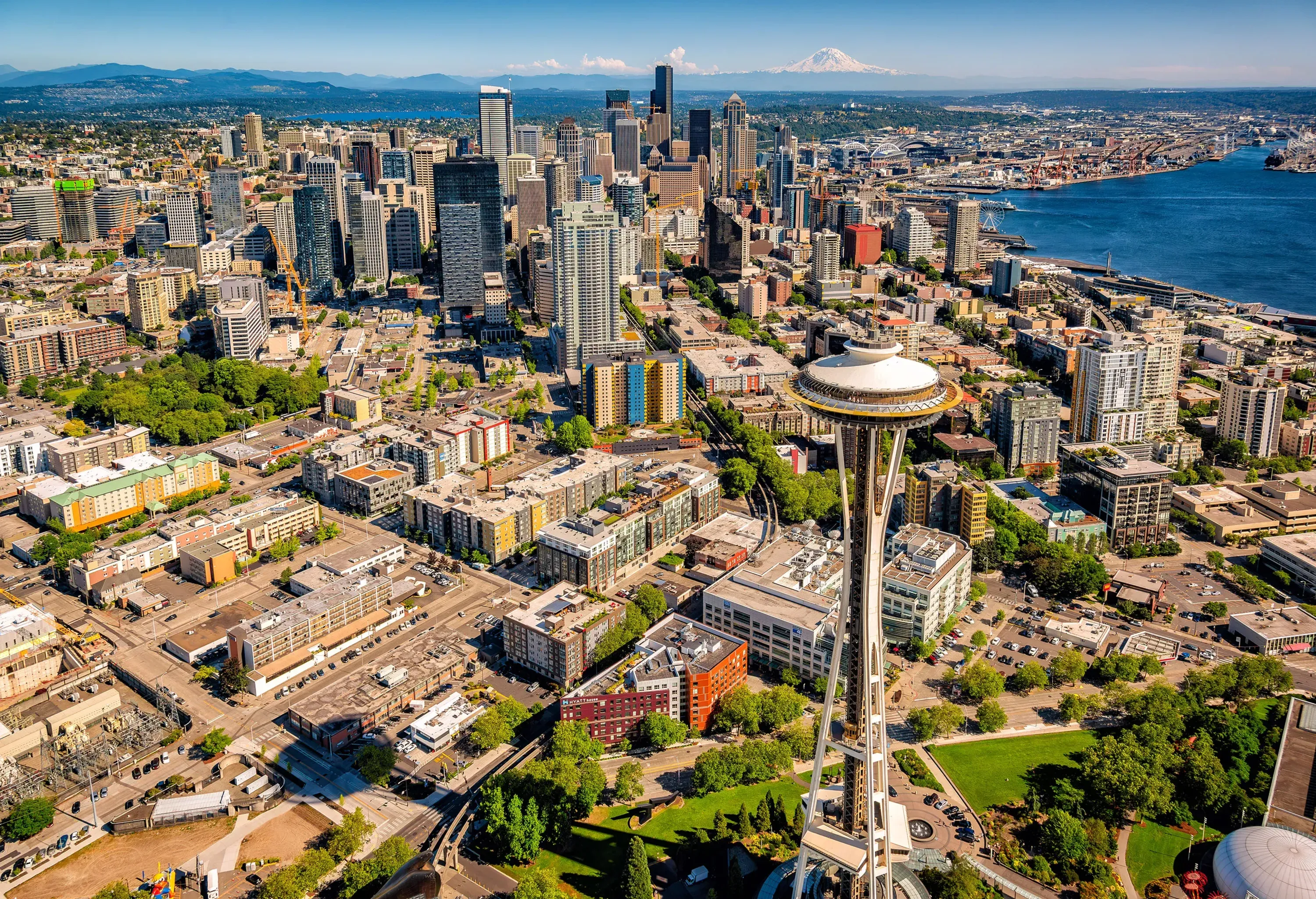 The unique skyline of Seattle Washington shot via helicopter from an altitude of about 800 feet.