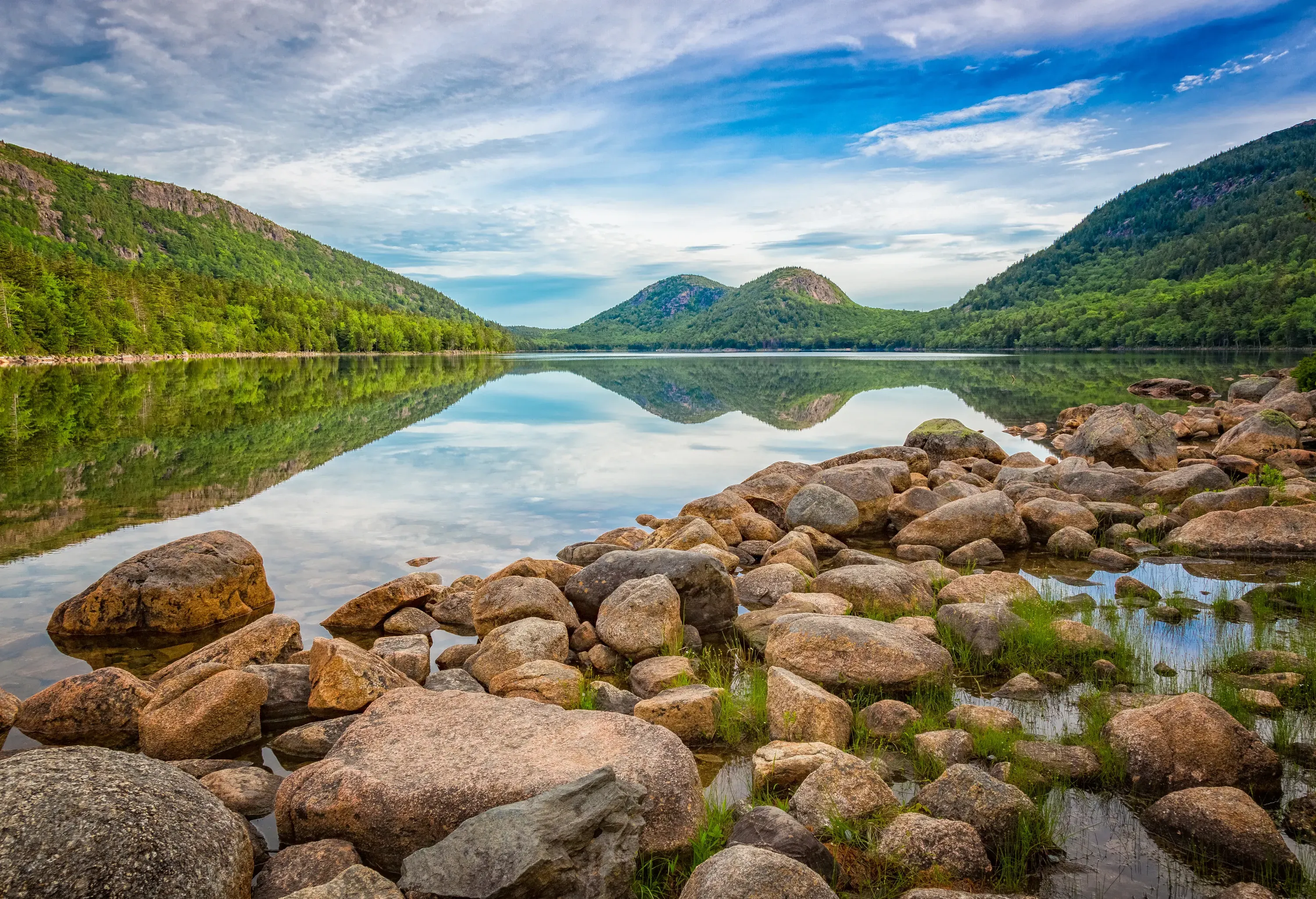 The Bubbles Mountains from Jordan Pond in Acadia National Park.