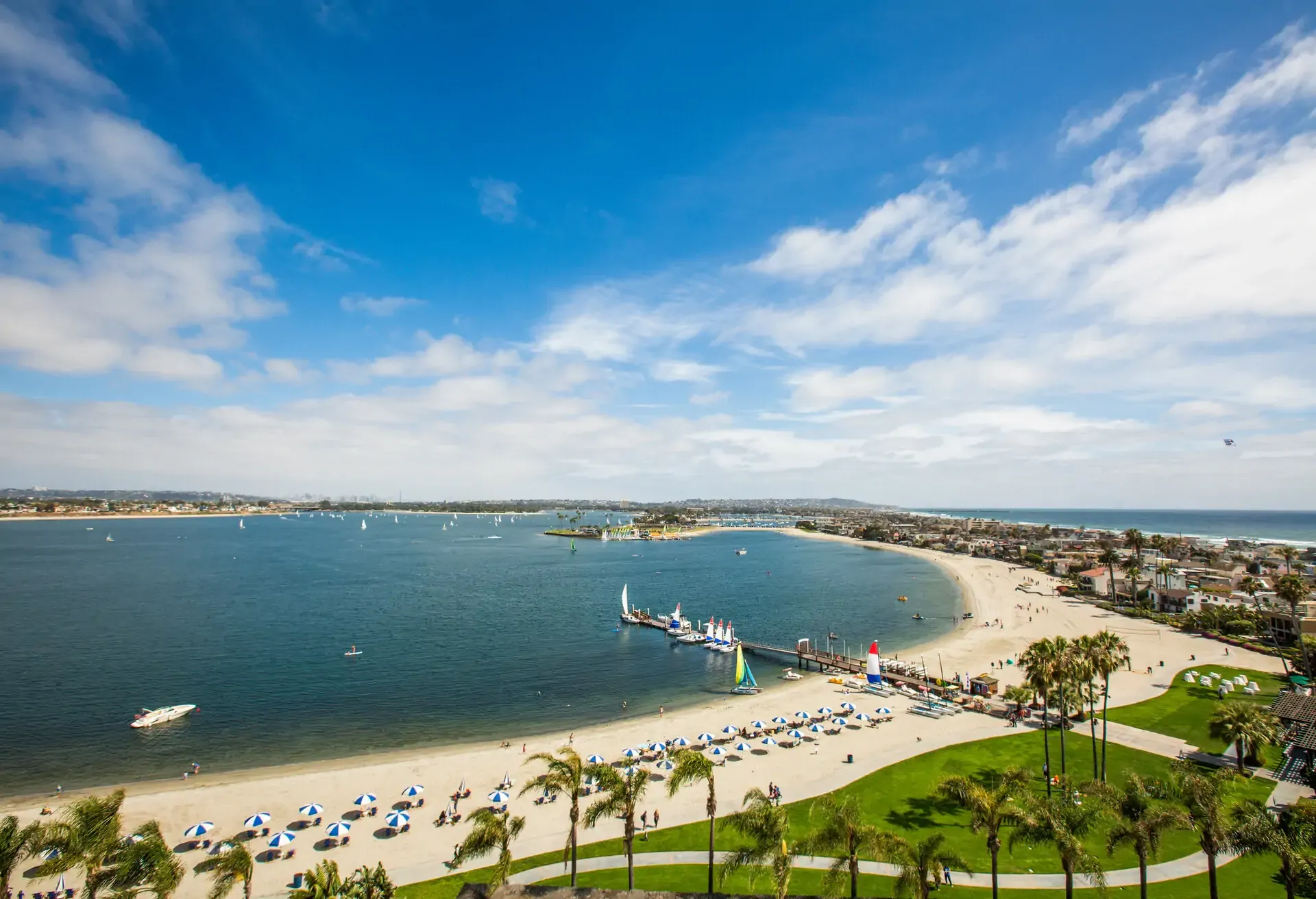 Wide angle aerial photo of San Diego Mission Bay and Mission Beach in the summer.