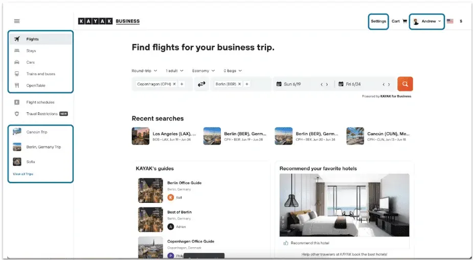 Kayak for business homepage