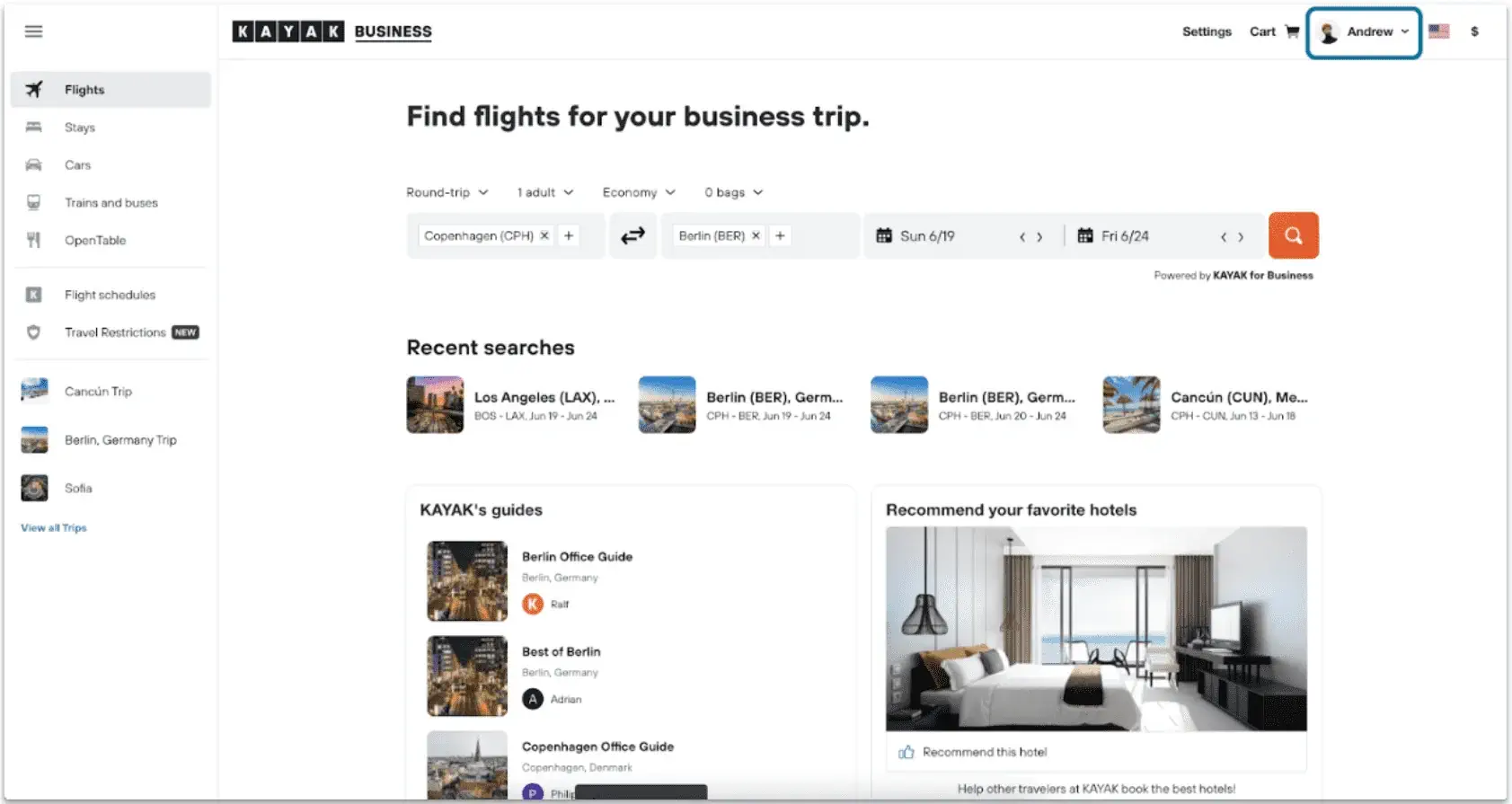 Kayak for Business Access Your Settings