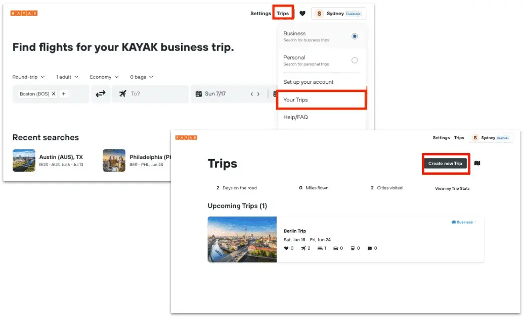 Create a trip from the trips tab