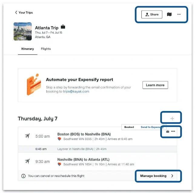 Kayak for business trip page screenshot