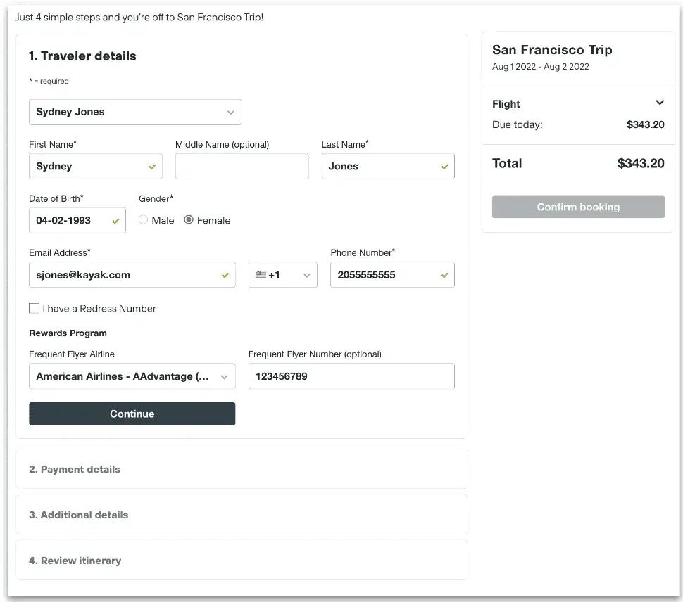 Kayak for business checkout flow