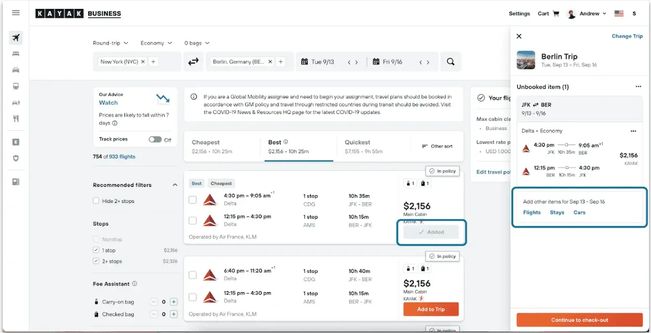 Kayak for Business Cart Trip Example