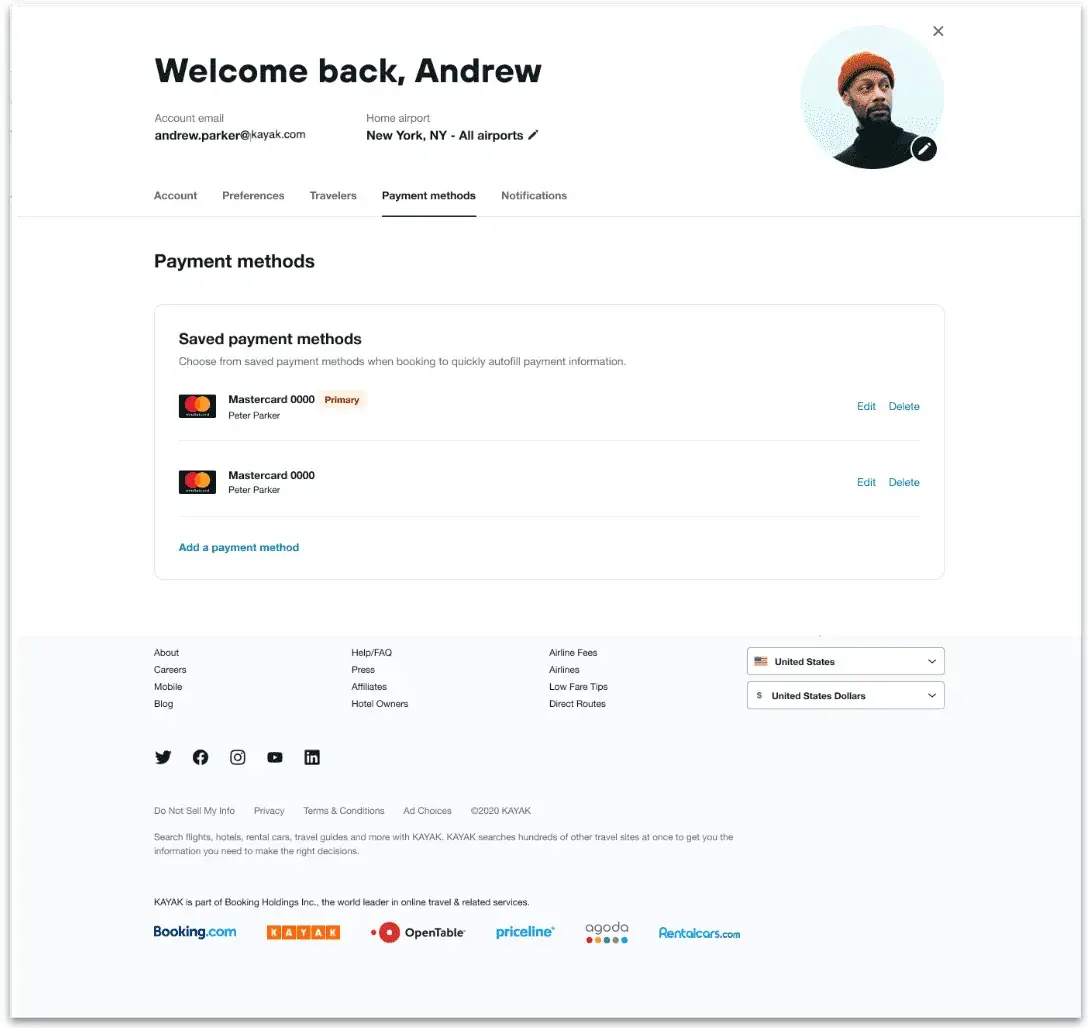 Kayak for business account payments