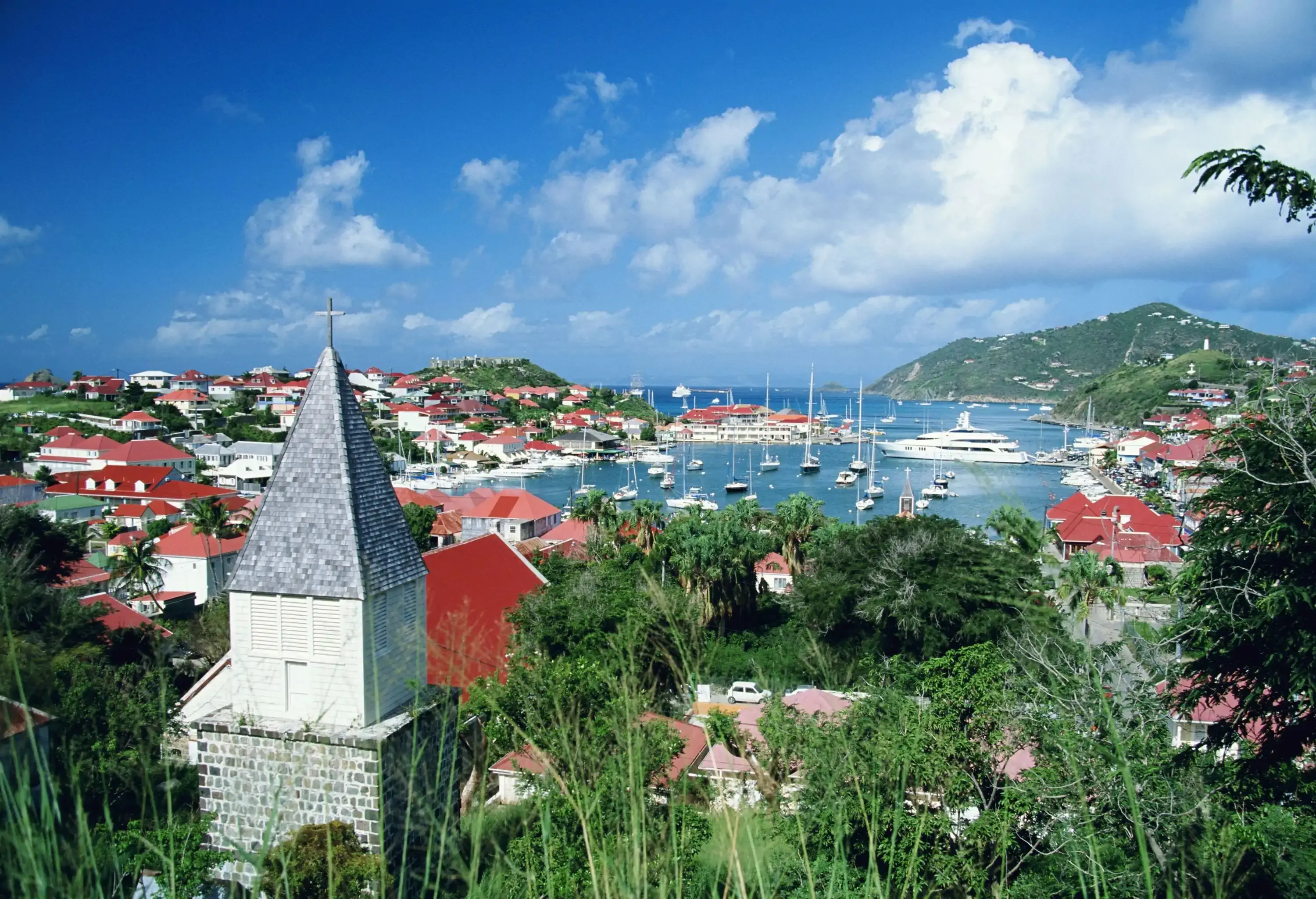 An elevated vantage point reveals a town encompassing a bustling harbour.