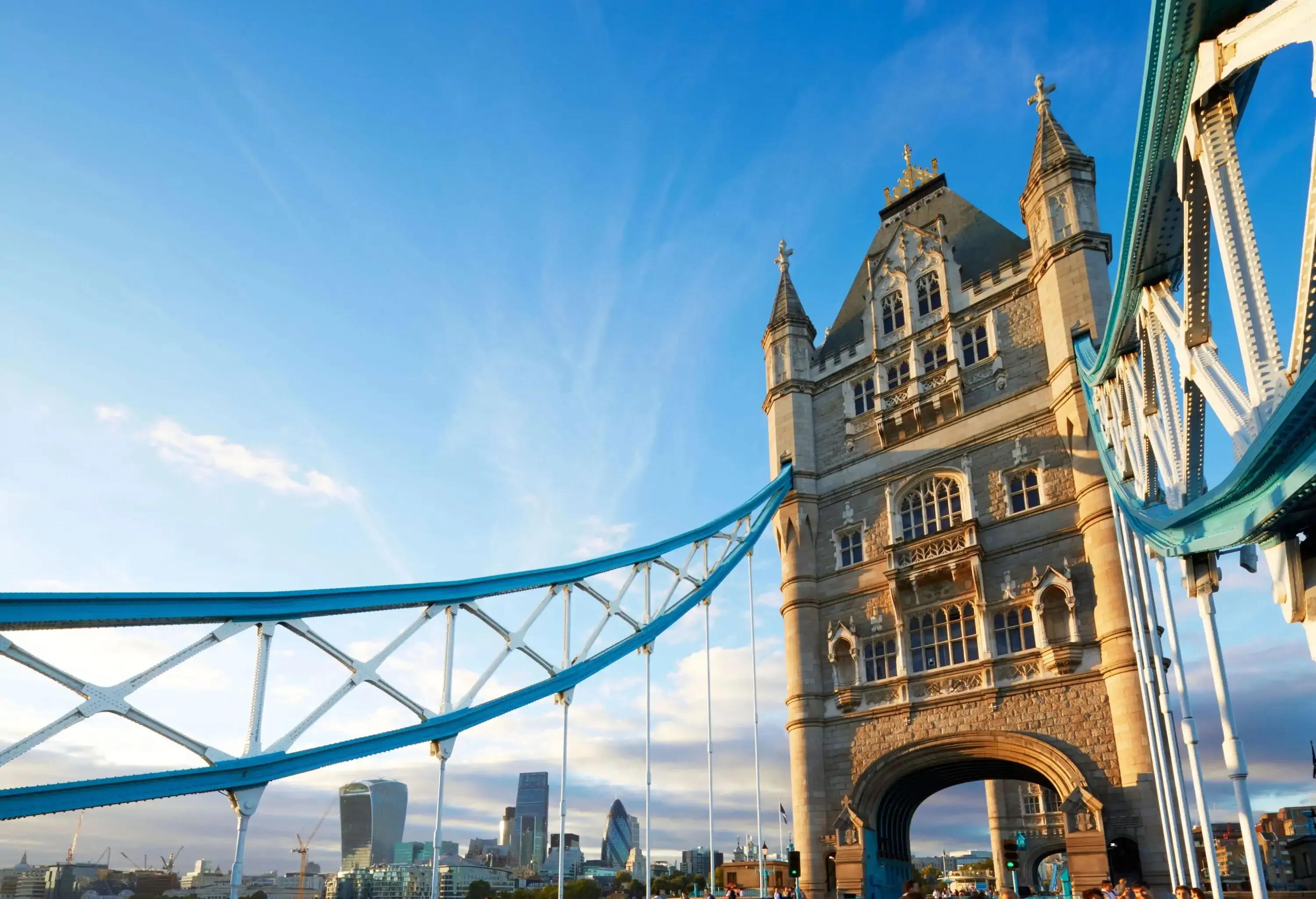Close-up view of the famous square shape, Victorian Gothic-style Tower Bridge in London.