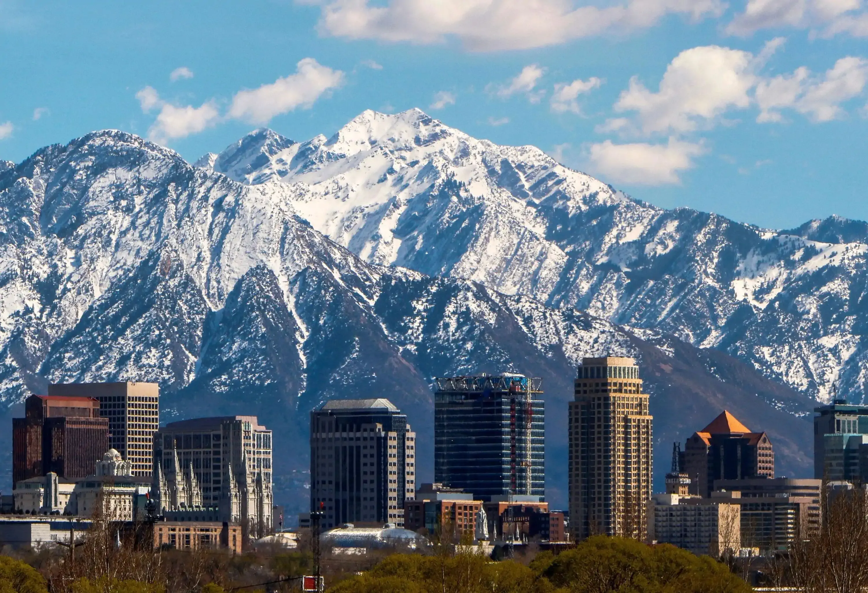 A city skyline against the backdrop of snow-covered mountains.