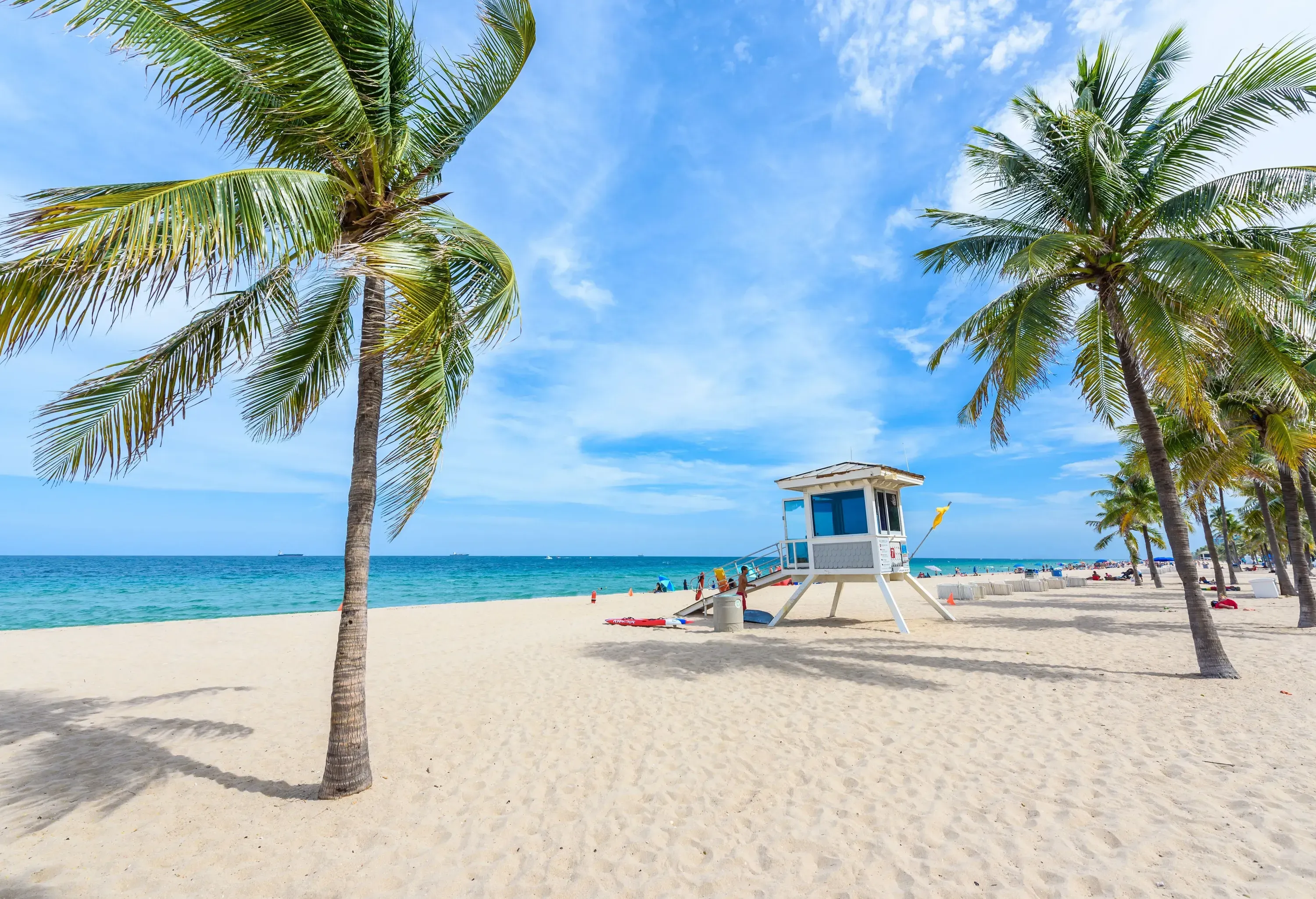 A lifeguard tower set on a pristine beach with a grove of palm trees.