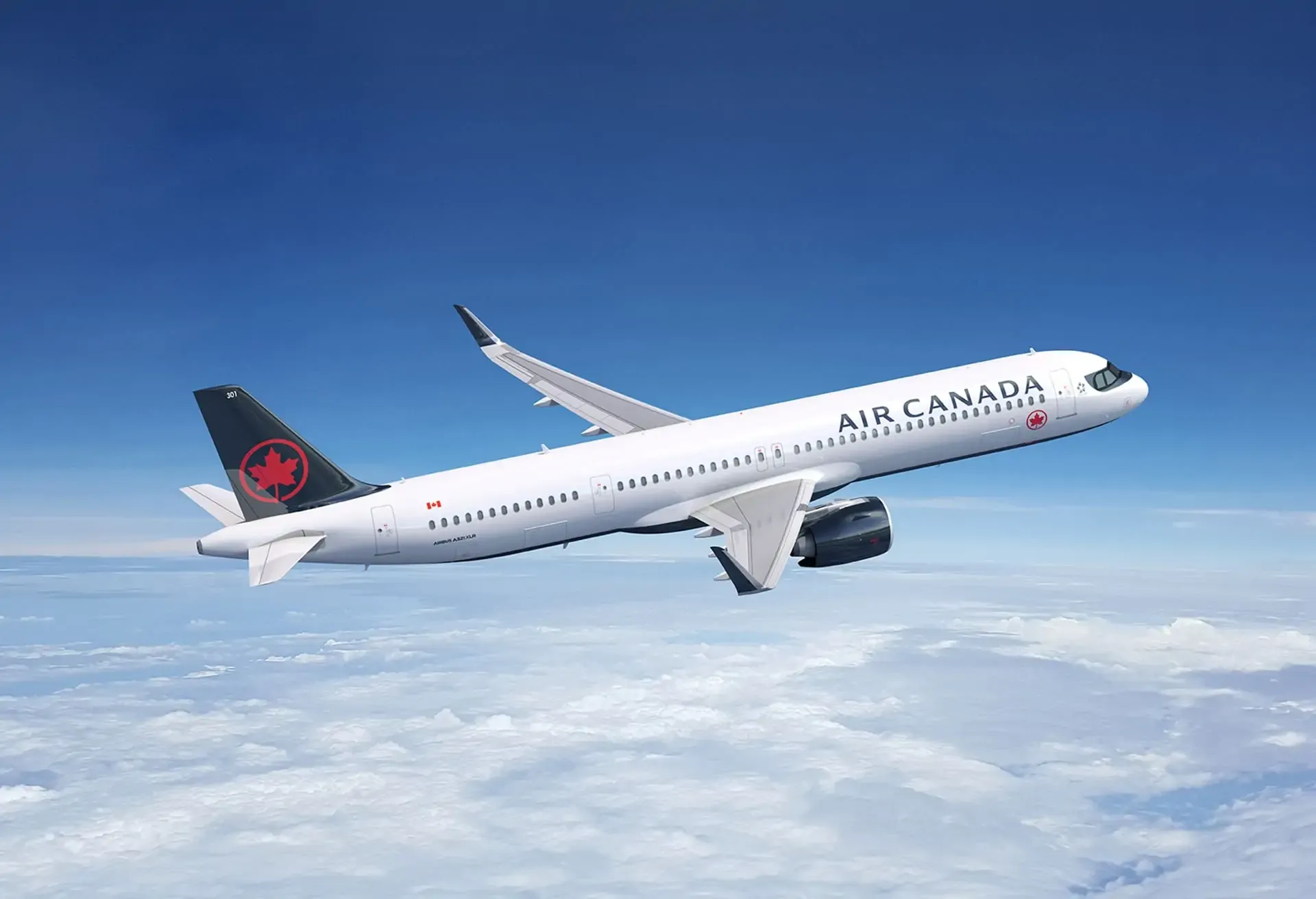 An Air Canada passenger airplane flying high above the clouds in a clear blue sky.